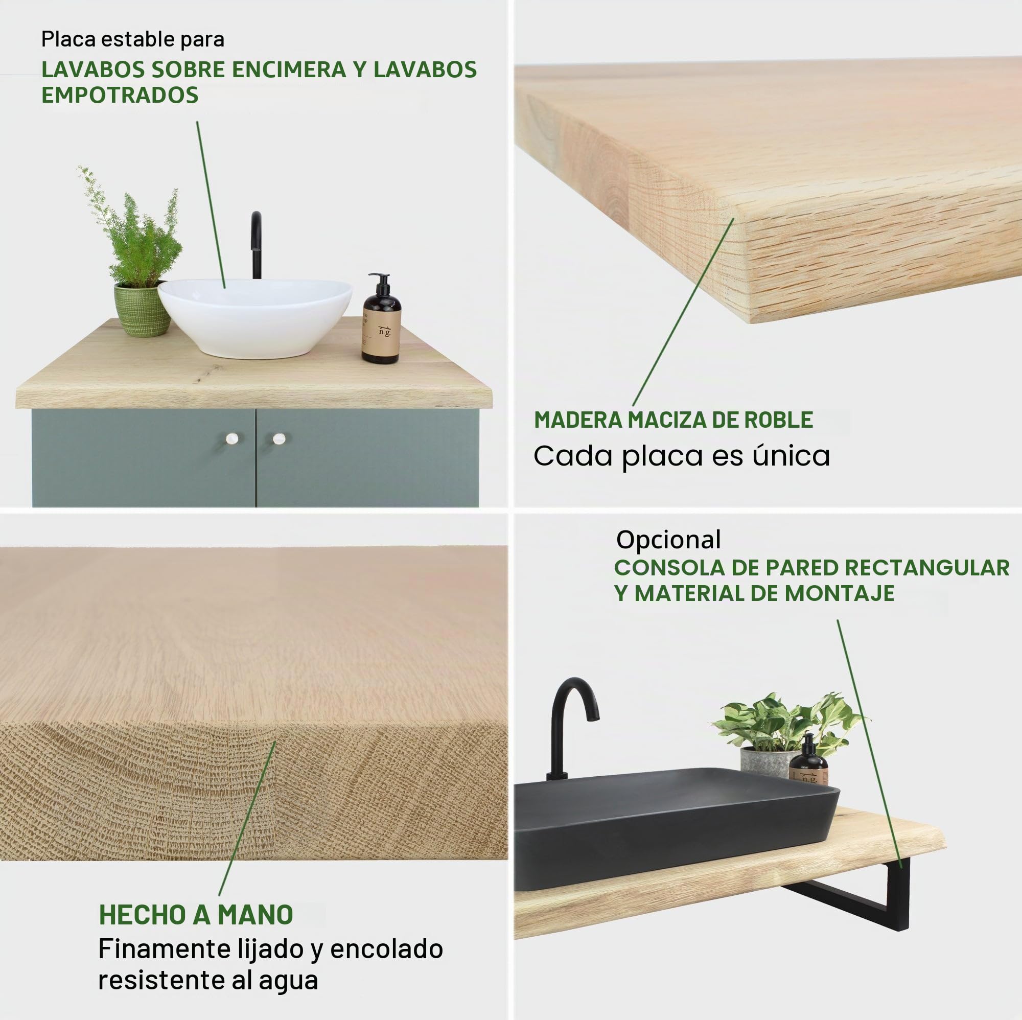 Natural Goods Berlin 1x Lavabo Oak, Madera Maciza de Roble, Lavabo sobre encimera para baño, tablón de Madera auténtica, Borde Natural, Montaje en Pared, Bricolaje (100 x 50cm)