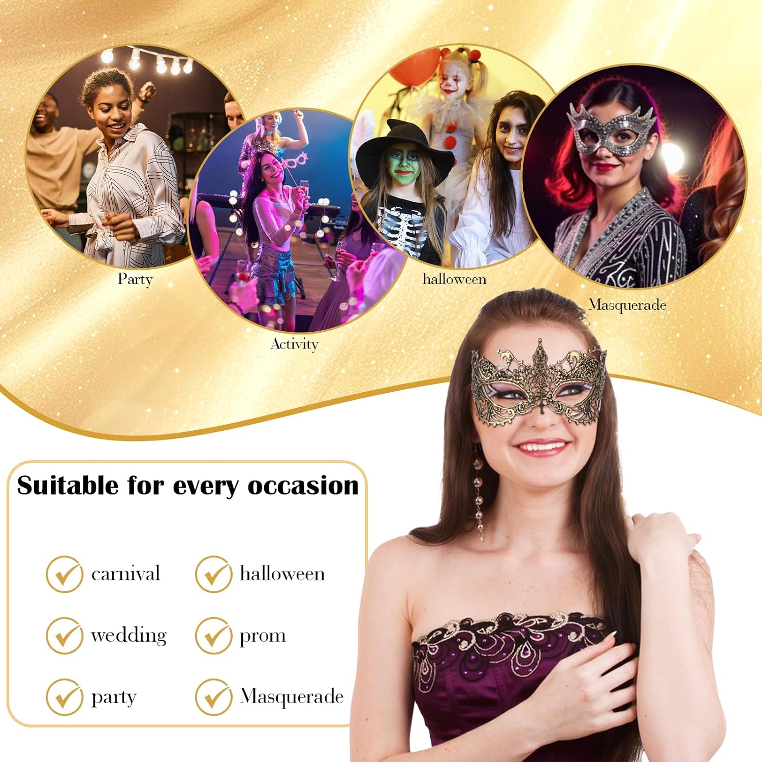 Xinjoduz 3 PCS Silver Masquerade Mask for Women, Fun Lace Masquerade Mask for Couples with Elastic Band Masks for Party Prom Venetian Mardi Gras Role Plays Ball - Black, Gold, Silver, 21× 8 cm