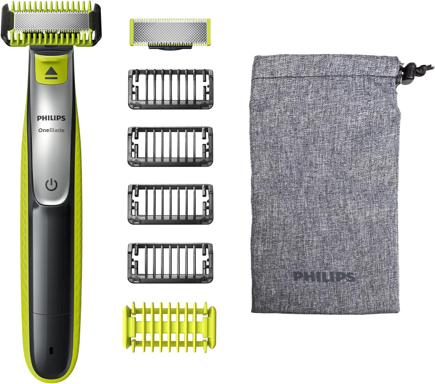 Philips OneBlade 360 Authentique Visage + Corps QP2834/31 : Tondeuse électrique polyvalente avec technologie de lame 360, rasoir et kit complet pour barbe et corps - Vue détaillée des accessoires et de la lame innovante. — vue 8
