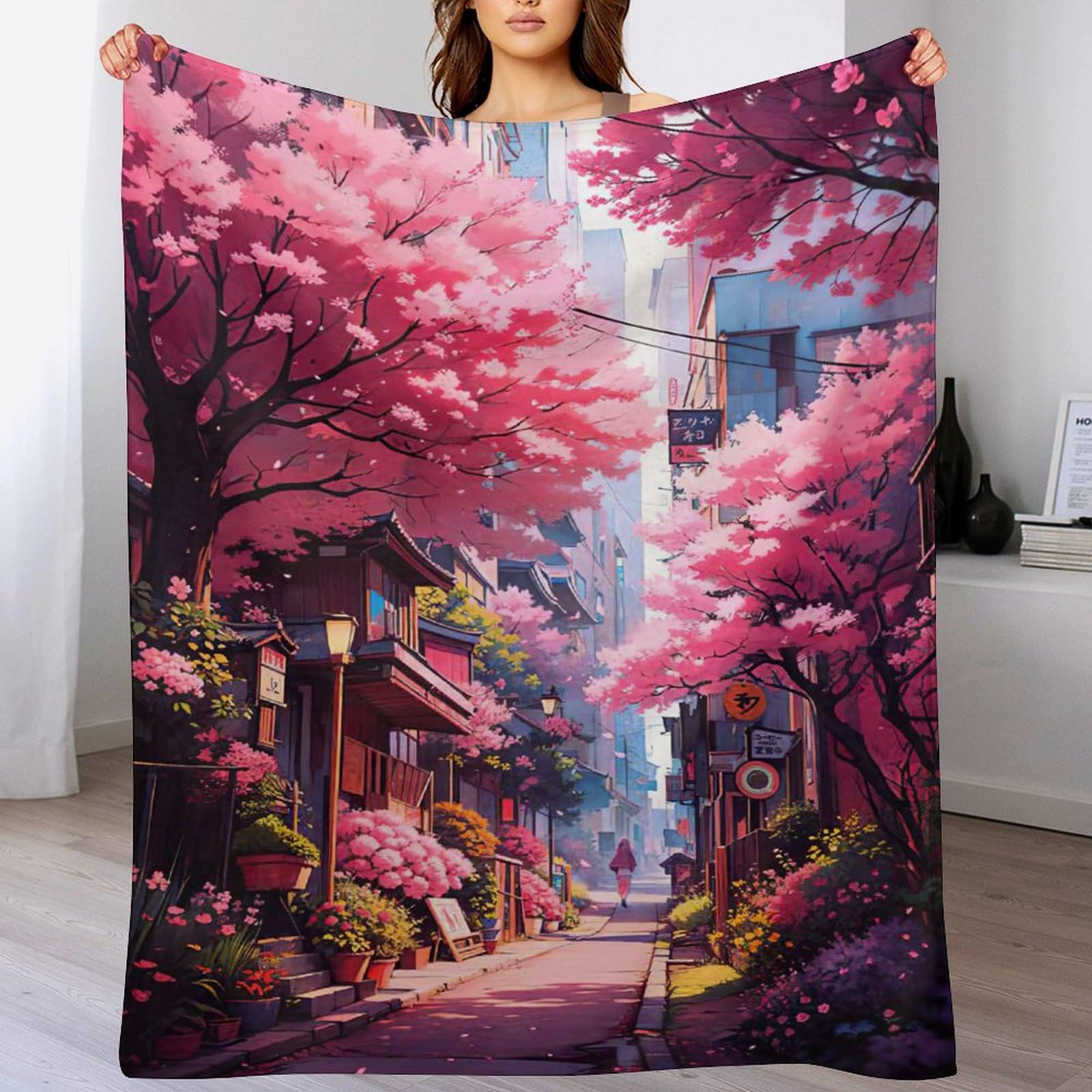 Couverture polaire cerisier japonais idée cadeau bien-être plaid doux lit
