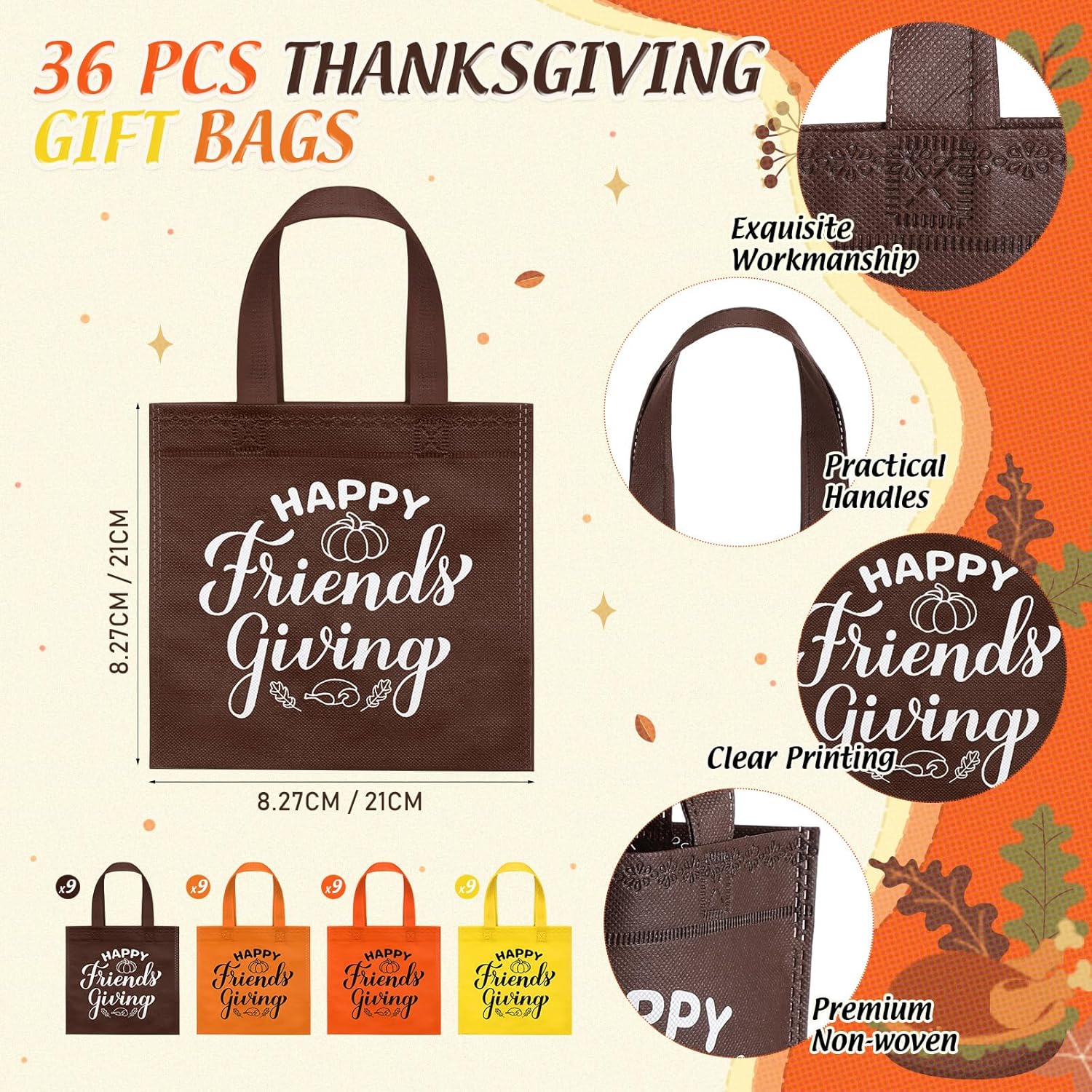 Sweetude 36 Sets Friendsgiving Gift Bags Reusable Non Woven Bags with Handles Happy Friendsgiving Totes for Friends Thanksgiving Party Favors - Image 2