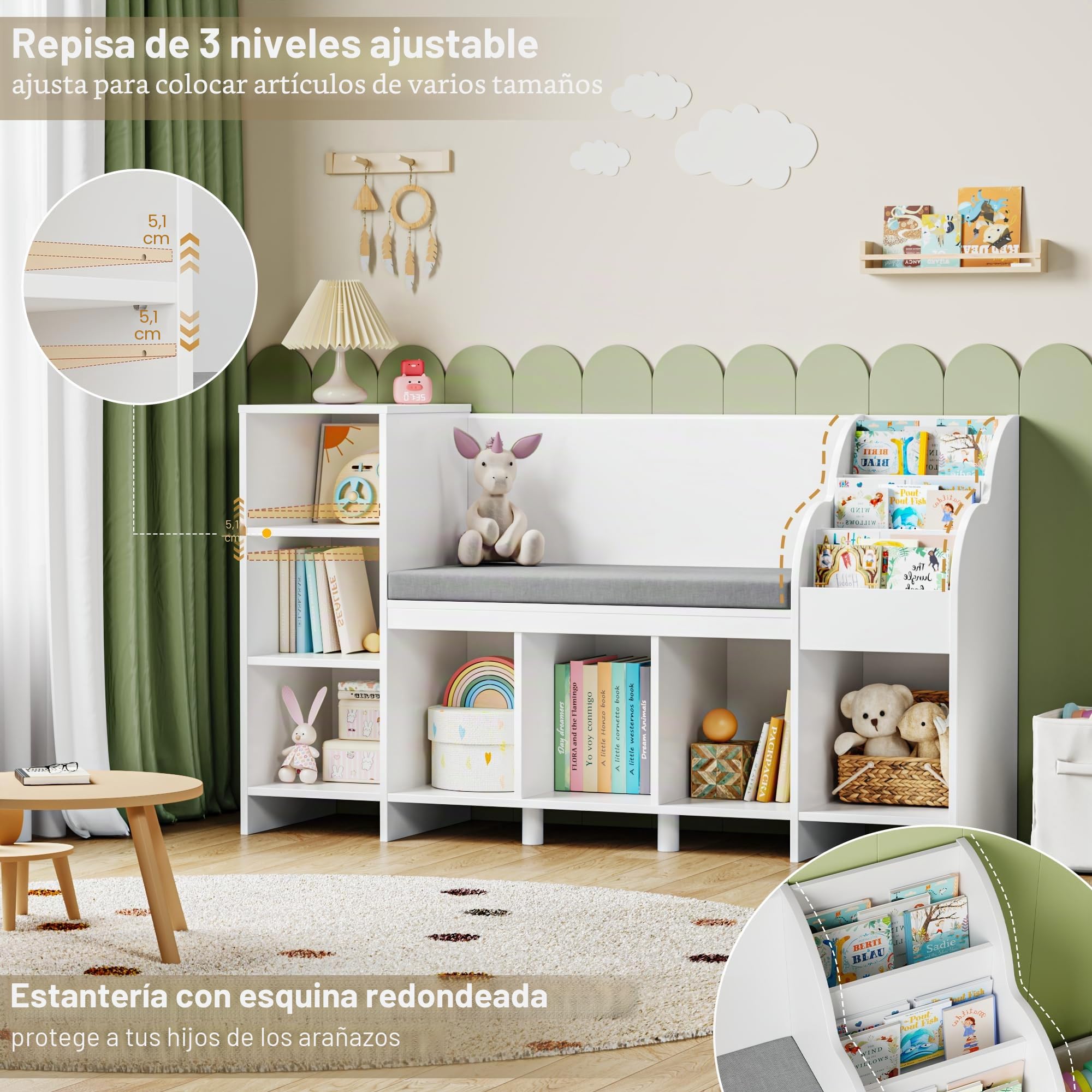 HOCSOK Estantería Infantil, libreria Infantil con Cojín, Almacenaje Juguetes con 7 Compartimentos, Infantil Blanco, Banco, 80×40×138.5cm