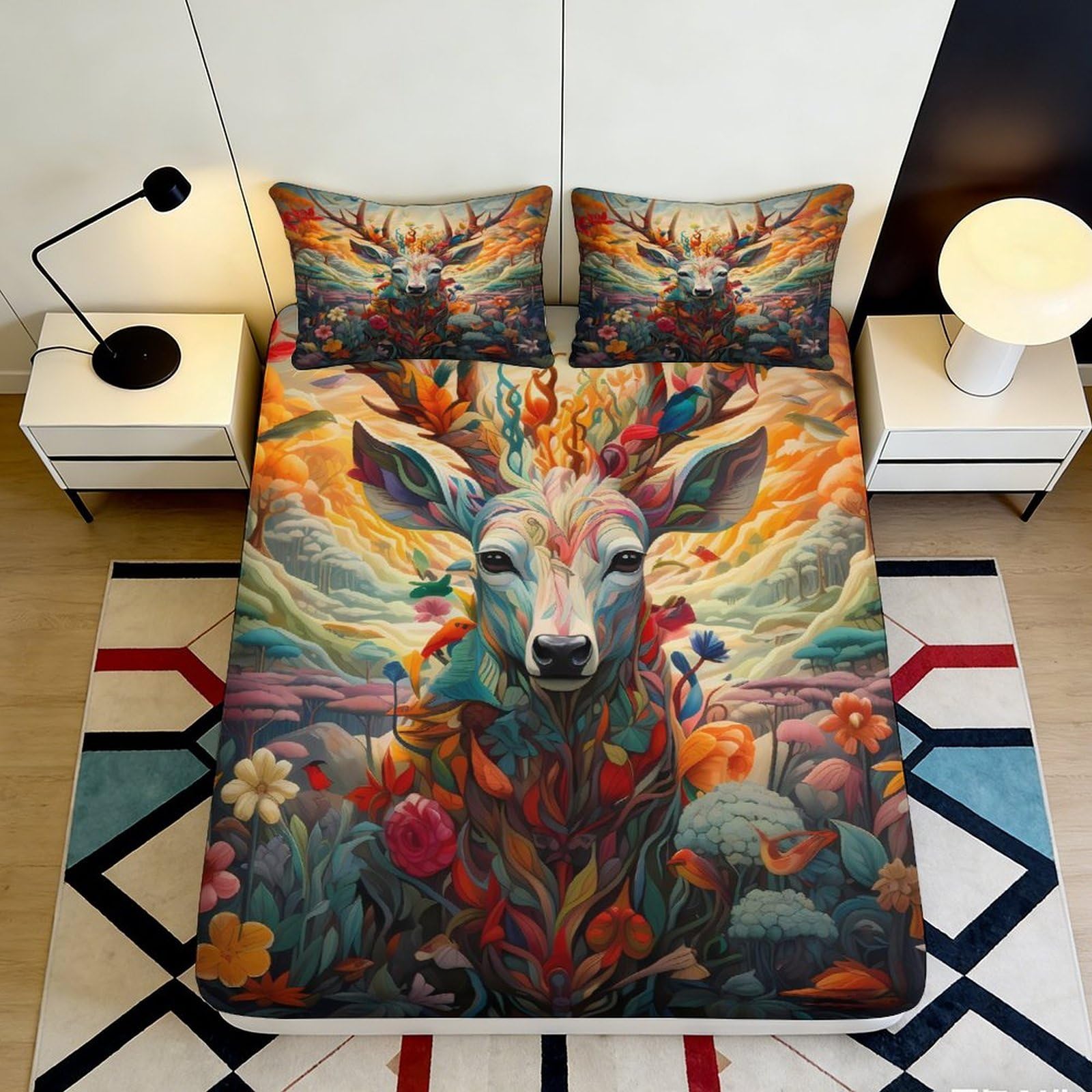 3D Printed Deer Forest Fitted Sheet Microfiber Soft Breathable Floral Sunrise Mattress Cover Bedroom Decor 90x200x25cm