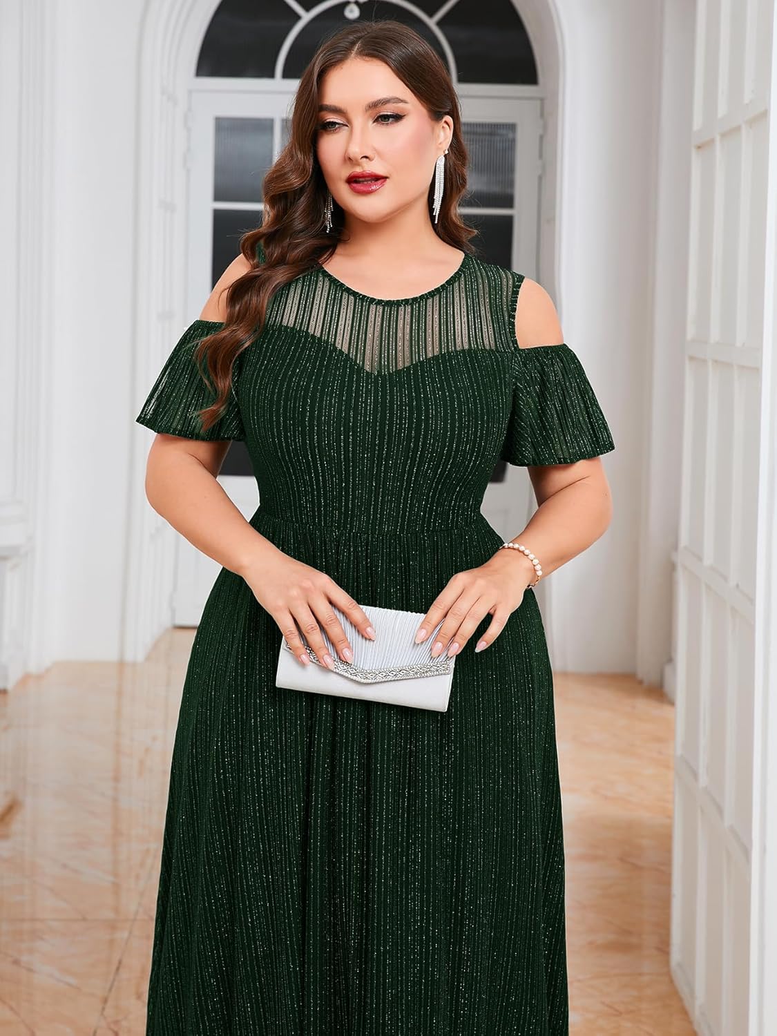 ZOMVA Plus Size Sparkly Mesh Maxi Dress Cold Shoulder Ruffle Sleeve High Low A Line Dresses Wedding Guest Cocktail Party - Image 2