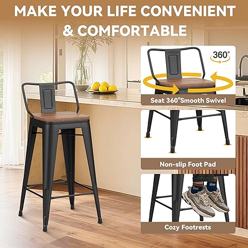 Miniatura 6 de Changjie Furniture Juego de 4 taburetes de bar giratorios de 24 pulgadas con respaldo, taburetes de bar industriales para isla de cocina (giratorios