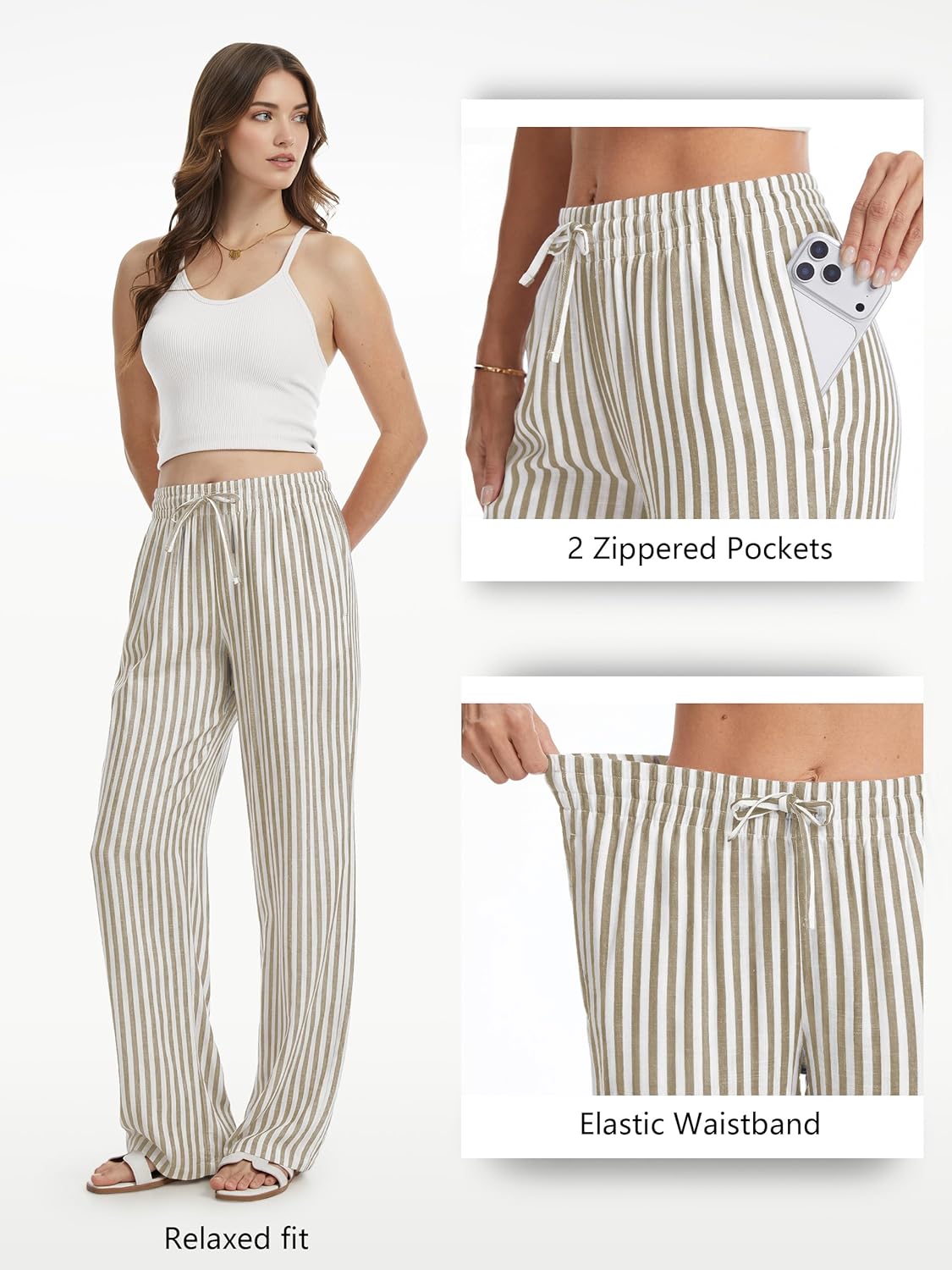 SEVEGO Tall Women 32"/34"/36" Inseam Striped Linen Pants Elastic Waist Wide Leg Pants Casual Summer Beach Trousers