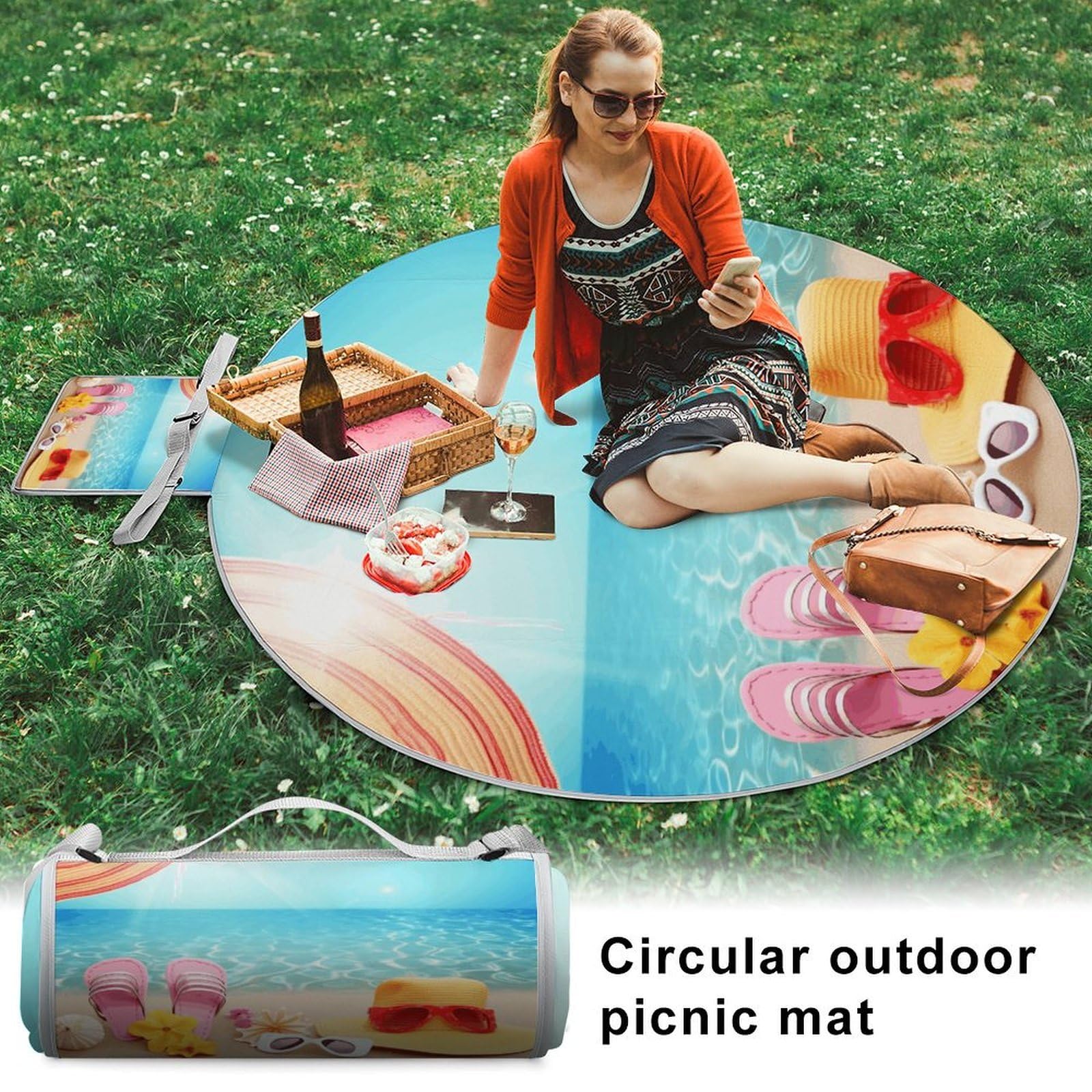 Coperte da picnic per vacanze estive, rotonde, pieghevoli, leggere, coperte da spiaggia impermeabili, coperta da esterno per primavera, estate, campeggio, parco, erba da viaggio