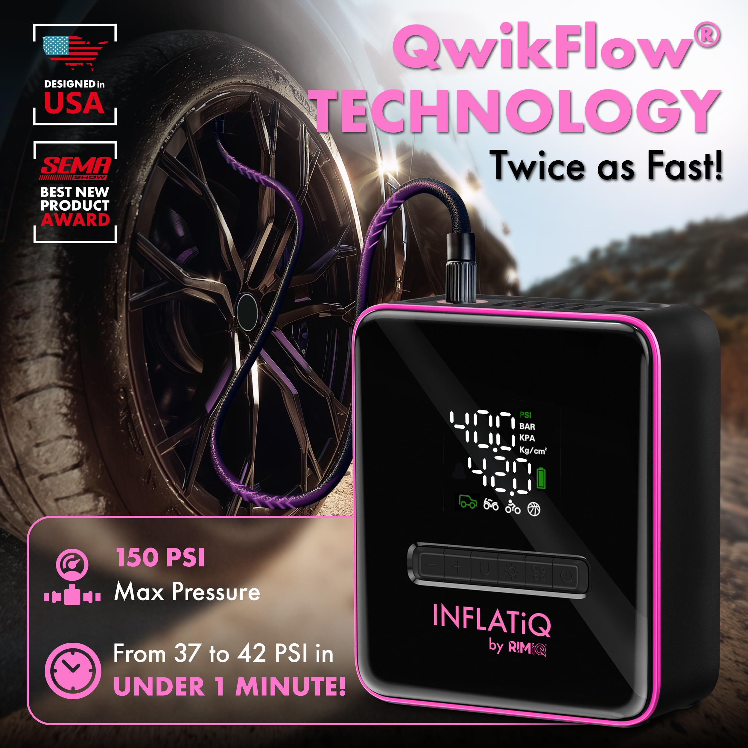 Inflador de neumáticos INFLATiQ by RIMiQ P – Potente y galardonada tecnología QWIKFLOW con 2 opciones de energía portátiles incluidas, bomba de aire fuerte para vehículos, camiones, automóviles