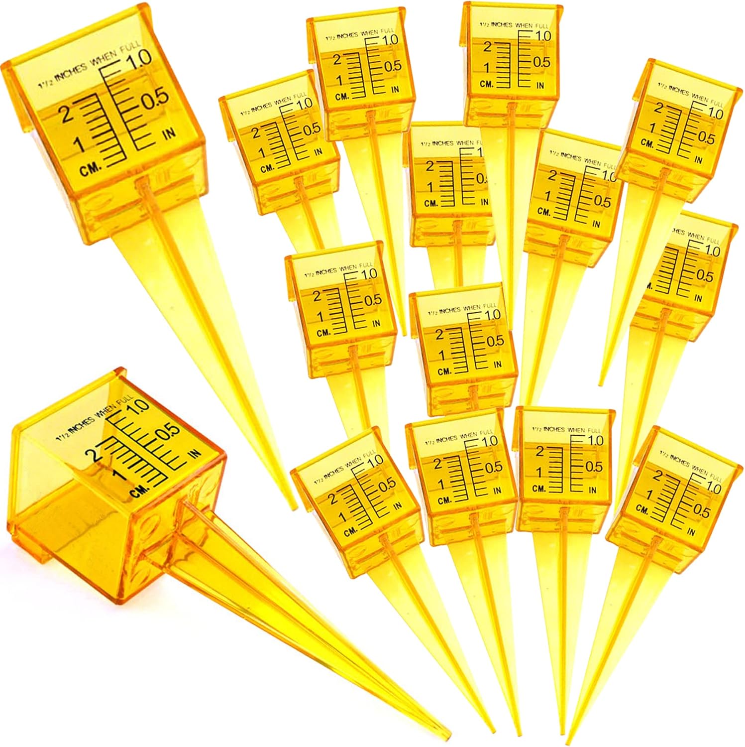 New Resources Group Outdoor Rain Sprinkler Gauge, 1.5" Wide Mouth, Multi Pack Bright Yellow, Water Garden, Lawn Measuring Tool (12 Pack Yellow)