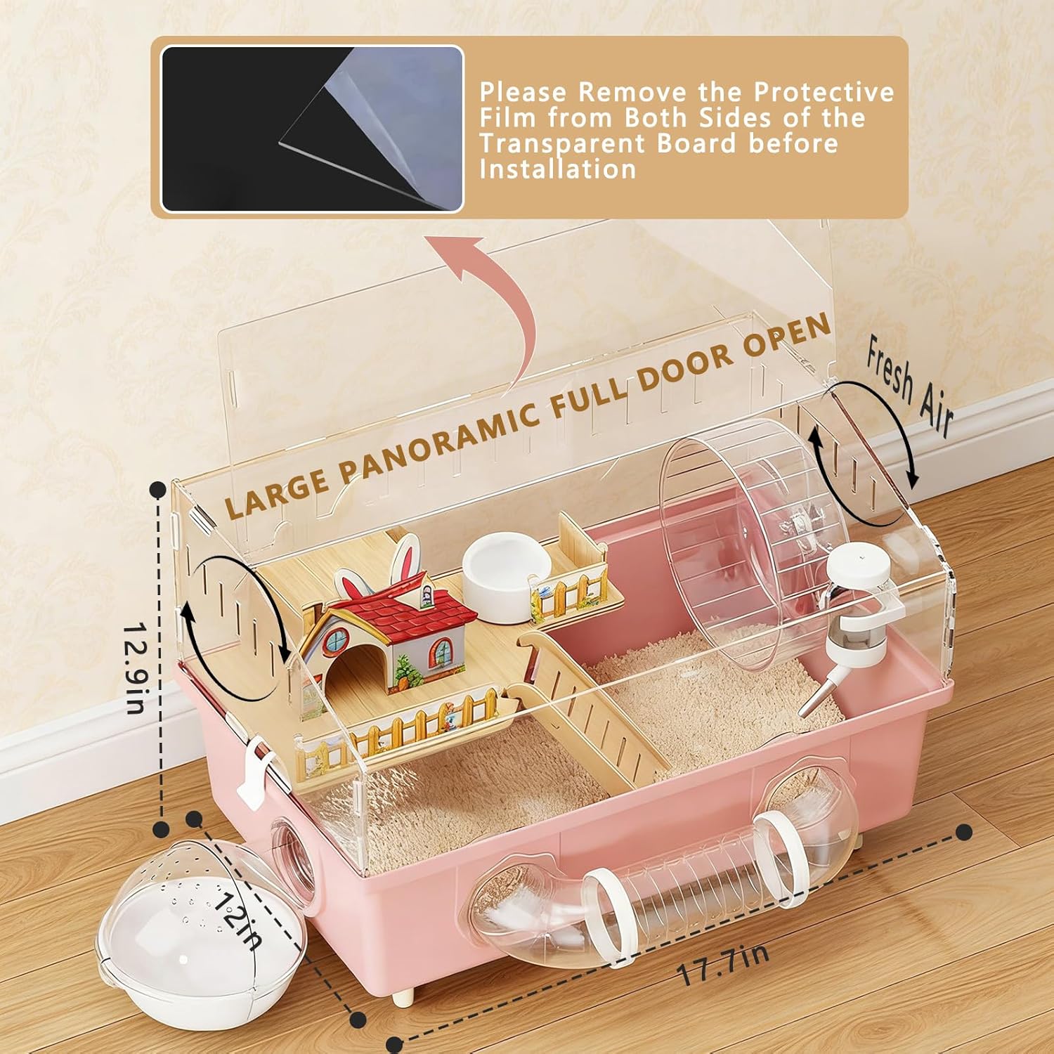 Pink Acrylic Hamster Cage - 18" Small Animal Home with 180° View, Extra Deep 5.5" Base, 8" Silent Wheel & Expansion Ports - for Dwarf Hamsters, Gerbils, Mice