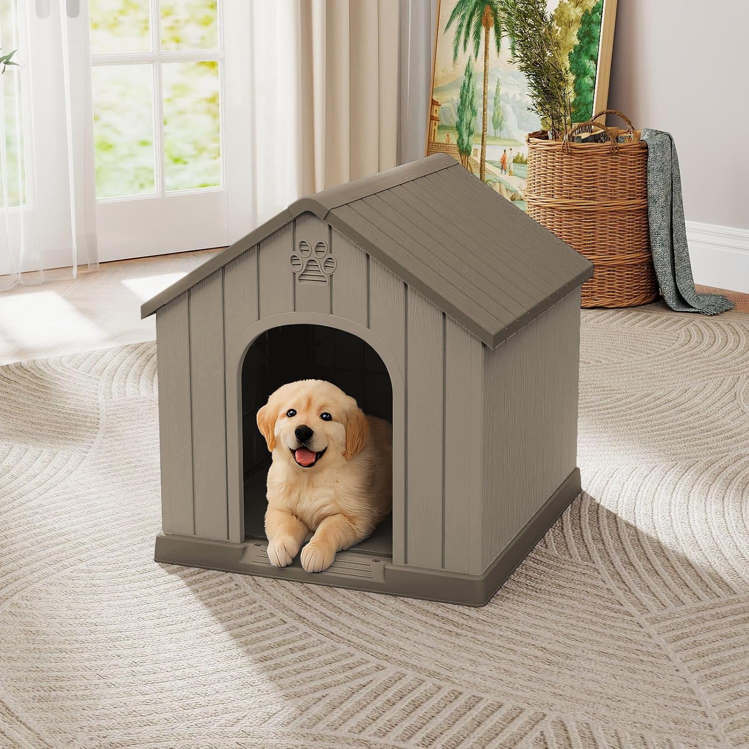 VIXZEN Dog House Outdoor, 26 Inch Resin Dog House Indoor Small Dog - Waterproof & UV-Resistant, Hidden Vents & Stable Structure, Easy Assembly, Versatile Storage, All-Weather Doghouse Outdoor (Grey)