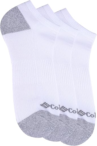 Columbia Mens Half Cushion No-Show Socks 3 Pair, White w/Contrast Heel & Toe, One Size
