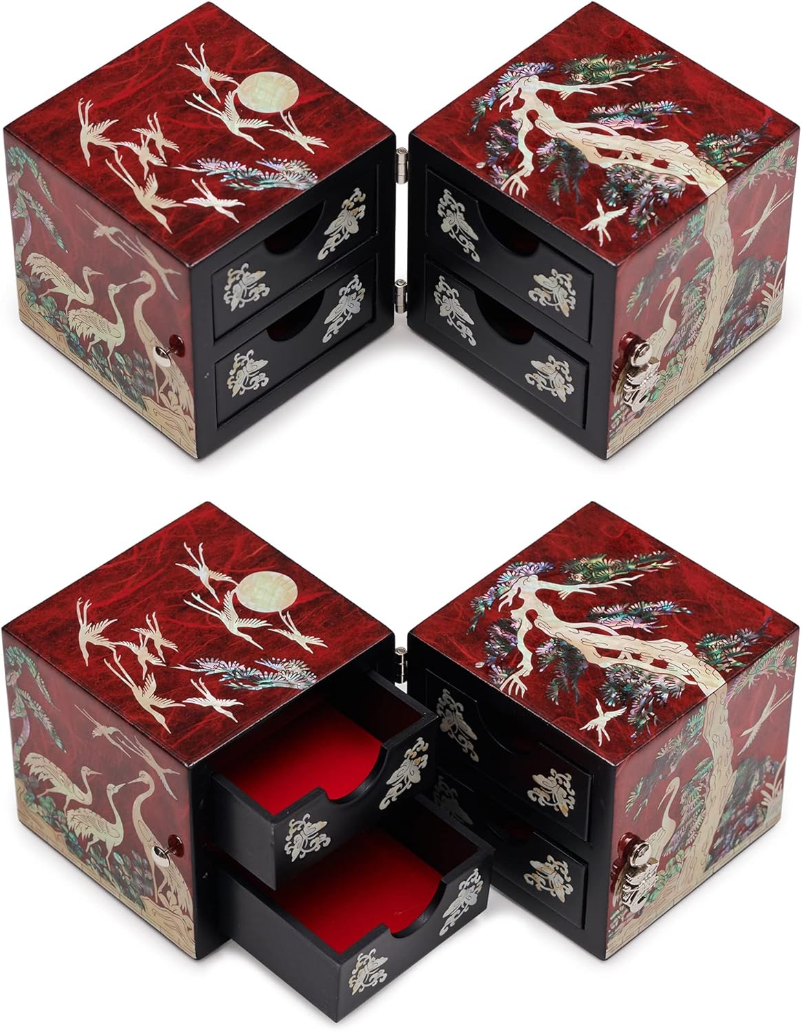 MADDesign Mother of Pearl Twin Cubes Lacquered Jewelry Box Crane Pine Tree Red - Image 3