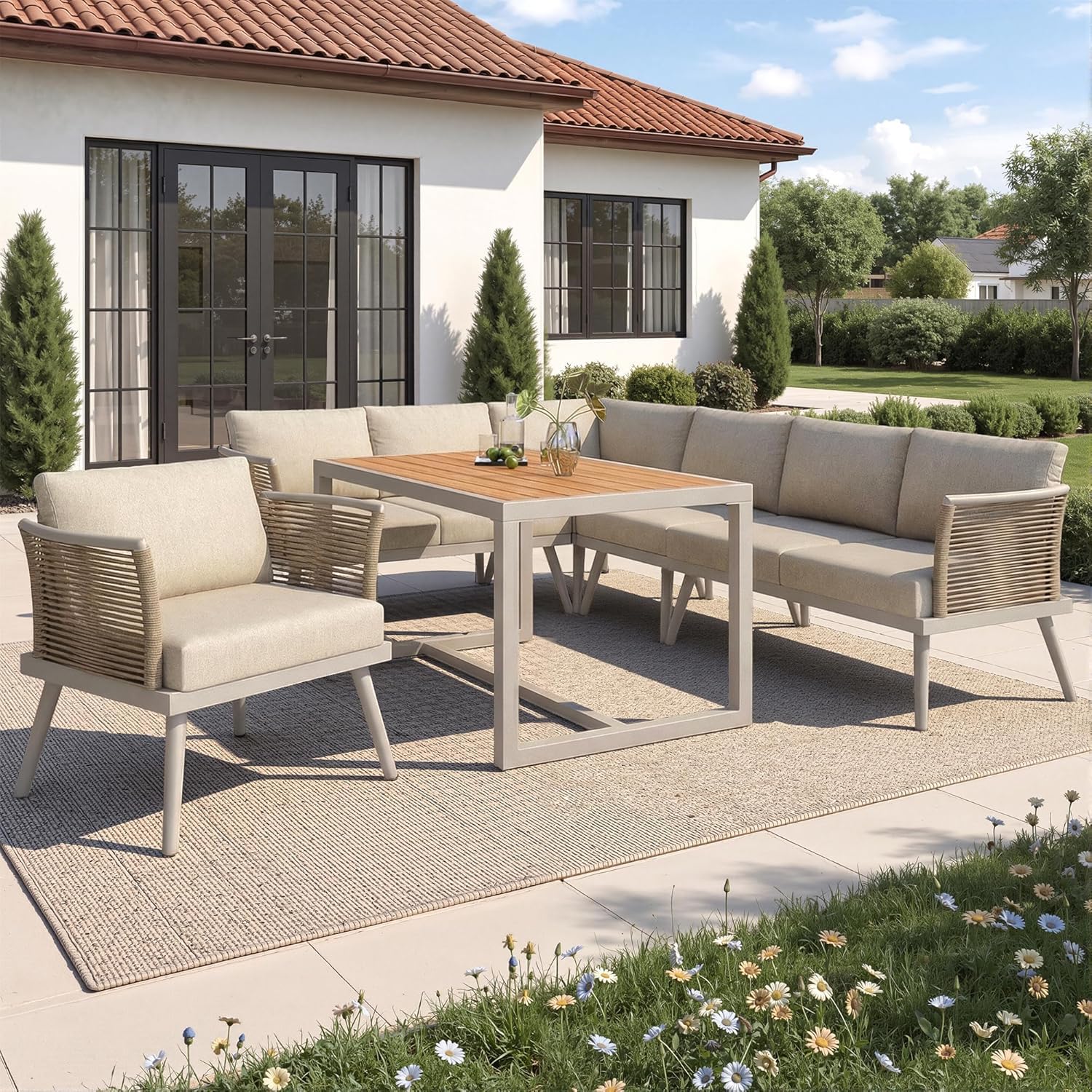 Ensemble Salon de Jardin Modulable 7 Places en Forme de L, Canapé d'Angle avec Accoudoirs Tressés et Structure Fer Antirouille, Table Basse en Bois Composite WPC, Coussins Épais de 9 cm Inclus, Beige.