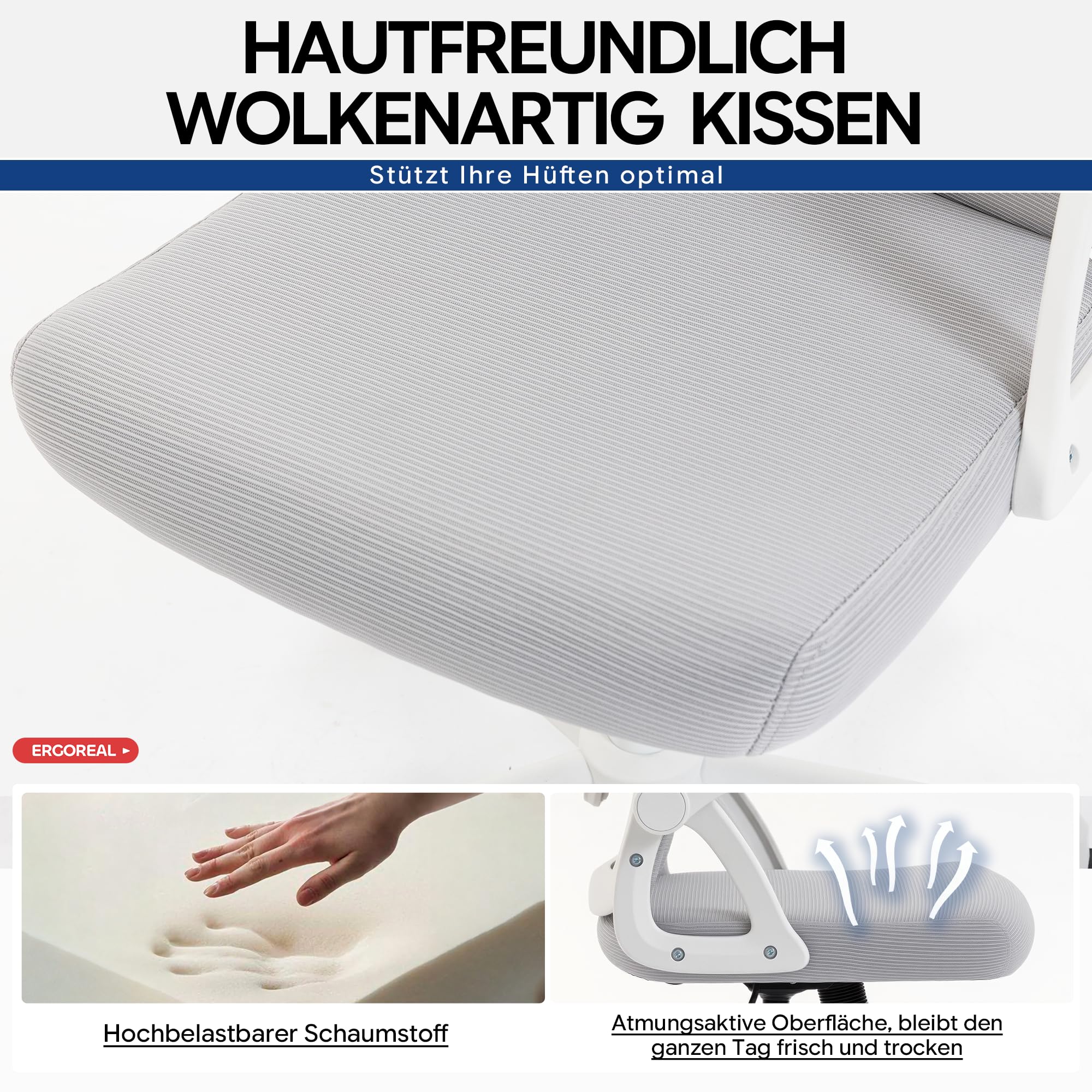 Bürostuhl ergonomisch – Schreibtischstuhl Netz, Lendenstütze 150kg | Klappbare Armlehnen, verstellbare Lendenstütze, 90-110° Rückenlehne, höhenverstellbar, leise Rollen, Homeoffice & Büro