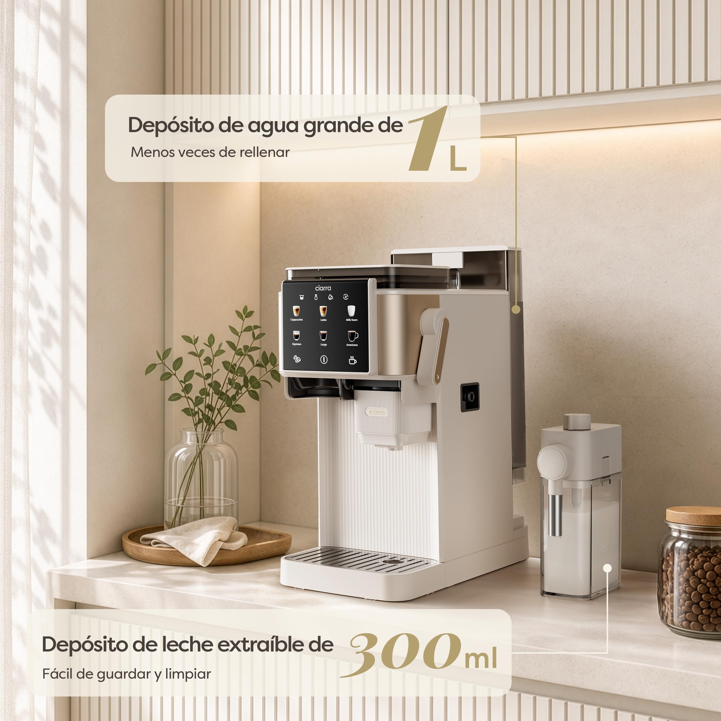 CIARRA CBSACM-D6 Cafetera Espresso con Molinillo y Espumador 15 Bares | Semiautomática para Cappuccino y Latte, Depósito de Granos 80 g PID Control de Temperatura Depósito 1.0L