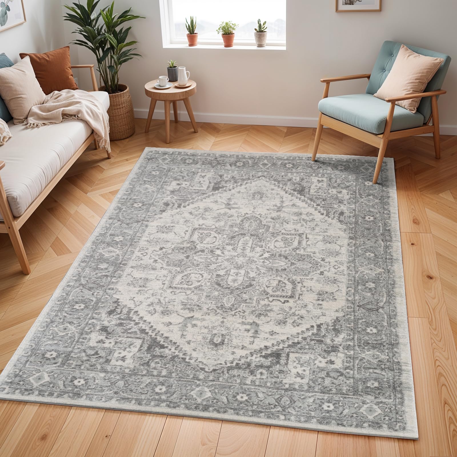Livabliss Farah Khartoum Vintage Rug - Area Rugs for Living Room 140x200 cm, Bedroom - Scandi Neutral Rugs, Traditional Patterned Boho Style, Natural Easy Care Pile - Large Rug, Grey and Beige