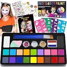 Drawdart Face Painting Kit for Kids - 20 Colors Water Based Non-Toxic Paint With Stencils &amp; Brushes - Professional Body Makeup Kit for Parties, Birthdays, Halloween