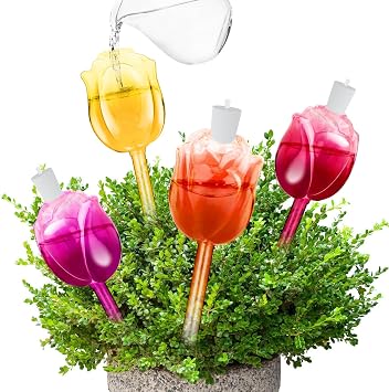 4Pcs Rose Self Watering Globes for Indoor Plants, Iridescent Glass Plant Watering Bulbs with Rainbow Finish, 100ML Decorative Automatic Waterers for Flowers, Ideal for Home Decor & Vacation Gift