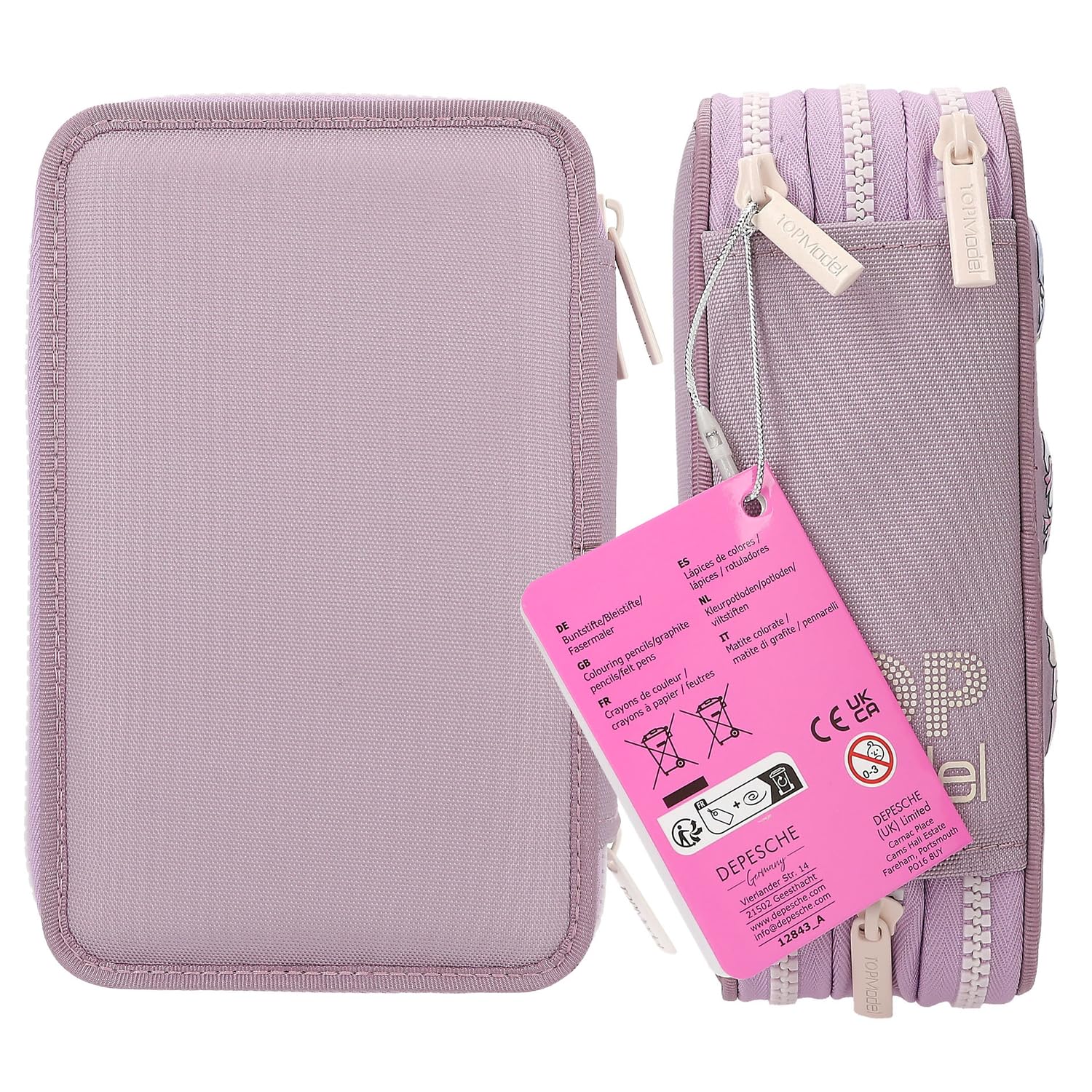 Depesche 12843 TOPModel - Astuccio a 3 Scomparti in Viola, con Motivi LED e Cani, con matite Colorate, Righello, Forbici e Molto Altro.