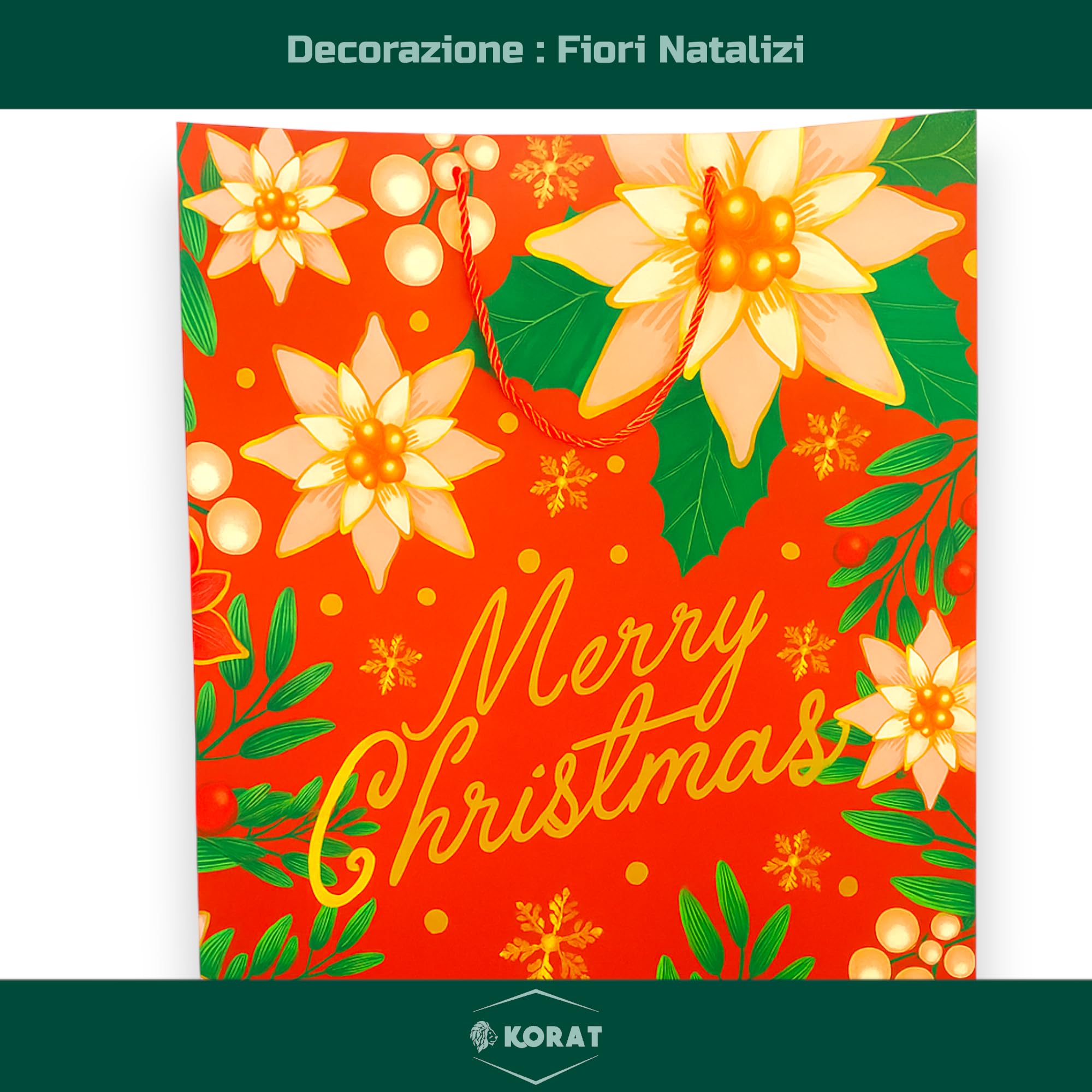 KORAT 12 Buste Regalo Natalizie Carta Plastificata Lucida Vari Formati Sacchetti Regalo Natale Riutilizzabili Manici in Corda per Regali e Bottiglie (Fiore Natalizio - 50x72x16 cm)