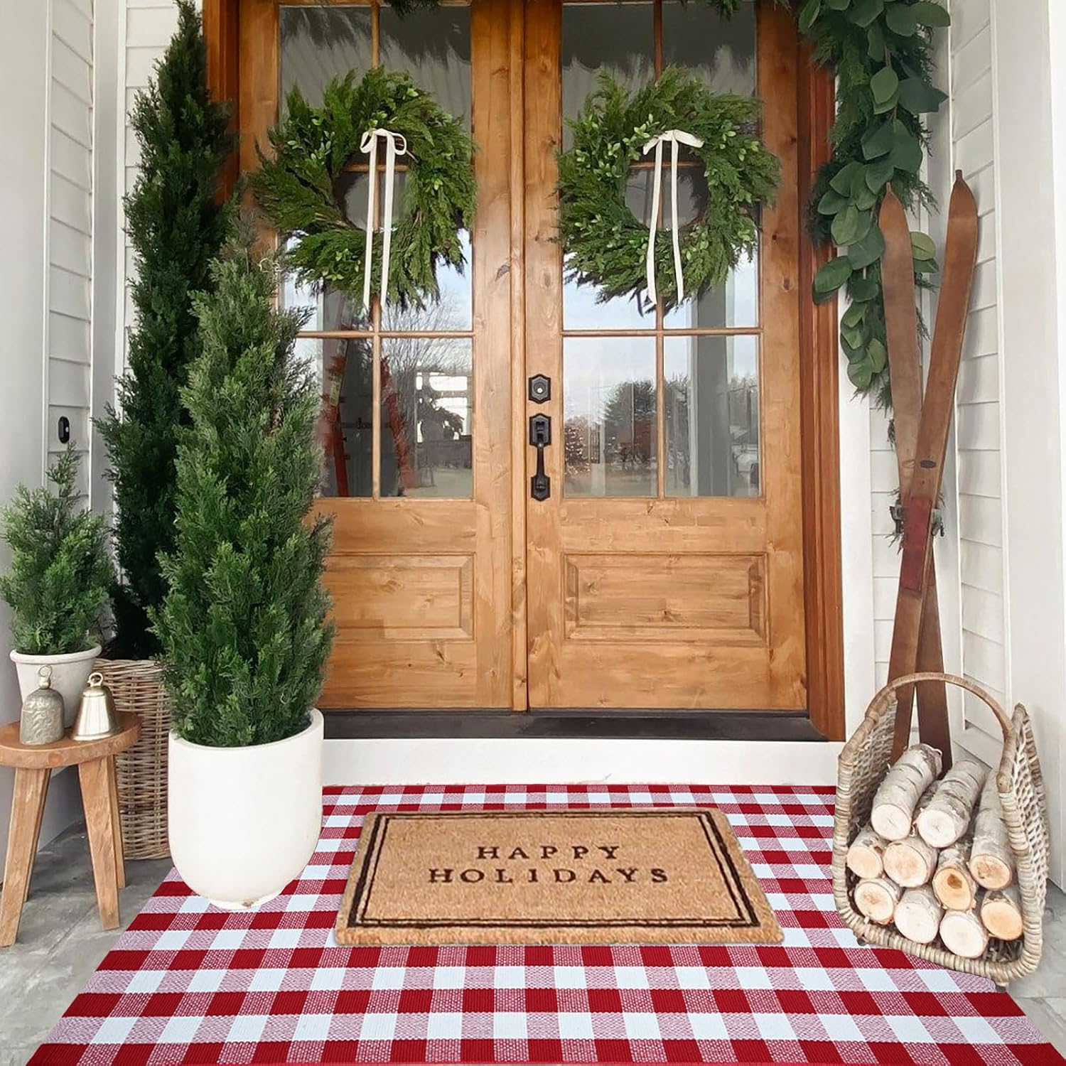 Red and White Plaid Rug Christmas Outdoor Front Door Mat Cotton Hand-Woven Washable Rug for Layered Door Mats Carpet for Farmhouse, Porch, Entryway, Living Room(Red and White, 3'x5')