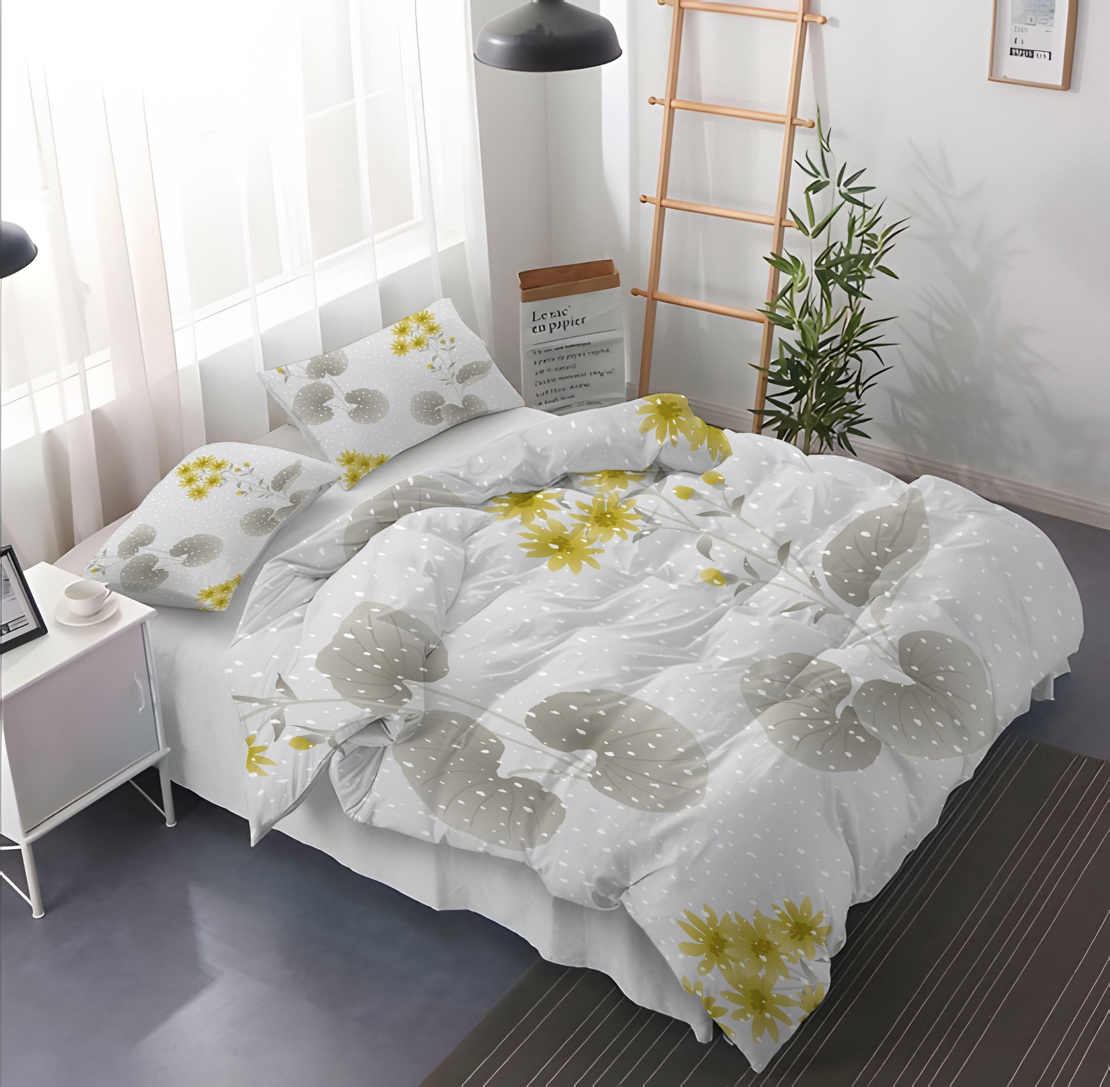 Copripiumino 200x200 Floreale, Set Letto con Stampa di Fiori Gialli e Foglie Grigie per Bambini, Ragazze e Donne, Setcopripiumino Reversibile in Stile Shabby Chic per La Camera da Letto con Federe e