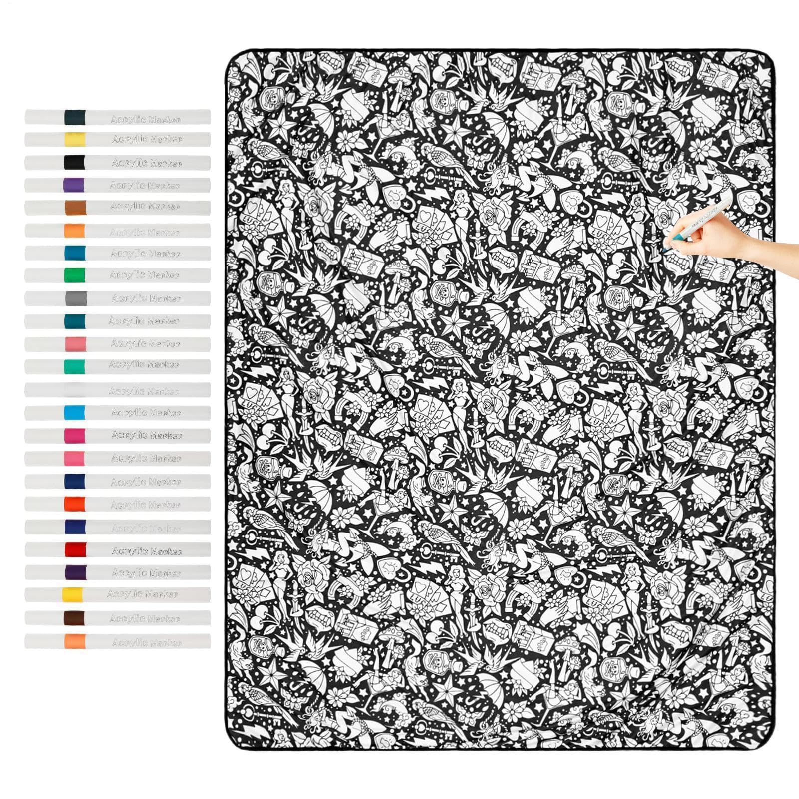 Tapis de coloriage DIY lavable animaux avec 24 feutres pour adulte