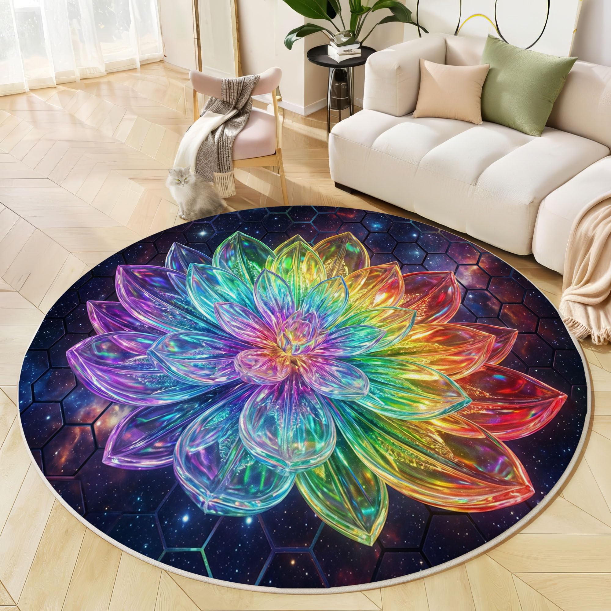 Tapis Rond 100cm Lotus De Cristal Arc-en-Ciel pour Chambre, Géométrie Cosmique Onirique Rond Tapis Antidérapant Lavable en Machine Cuisine Salon Adulte Interieur Bureau Cuisine Decoration