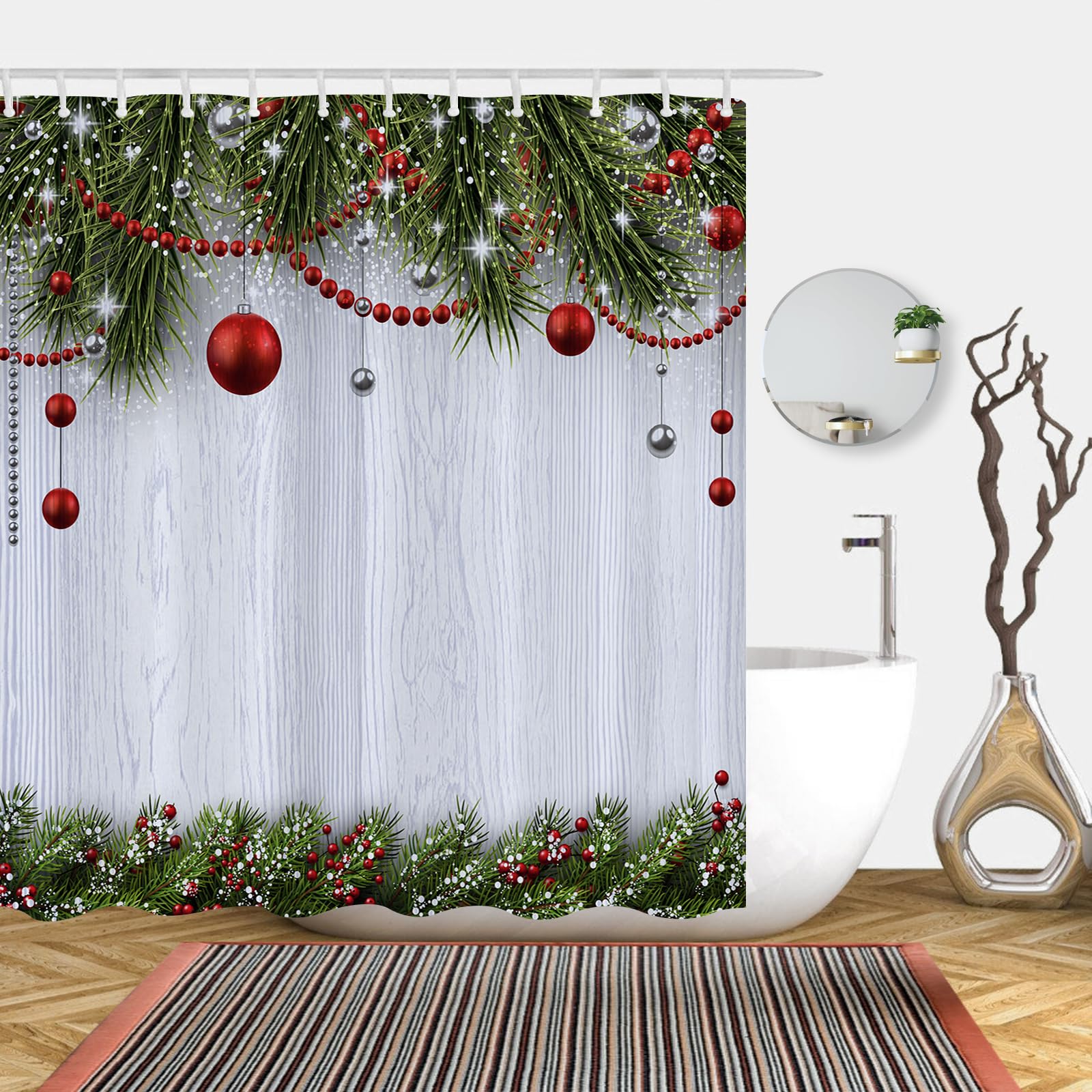 Abaysto Winter Christmas Rustic Wood Shower Curtains for Merry Xmas Bath Bathroom Snowflakes Snowy Pine Trees Home Decors Fabric Waterproof Shower Curtain Set including 12 Hooks 180X180 CM