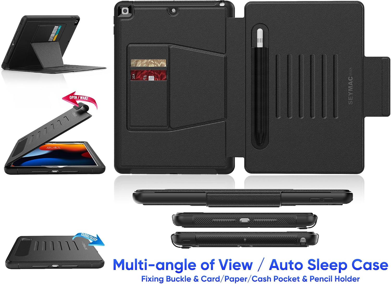 SEYMAC stock Case for iPad 9th/8th/7th Generation 10.2'', Full-Body Drop Protection,[Stitched Slim Pencil Sleeve],Strong Magnetic Auto Sleep Case, Absorbing Multi-Angles Stand, Card Slot- Black