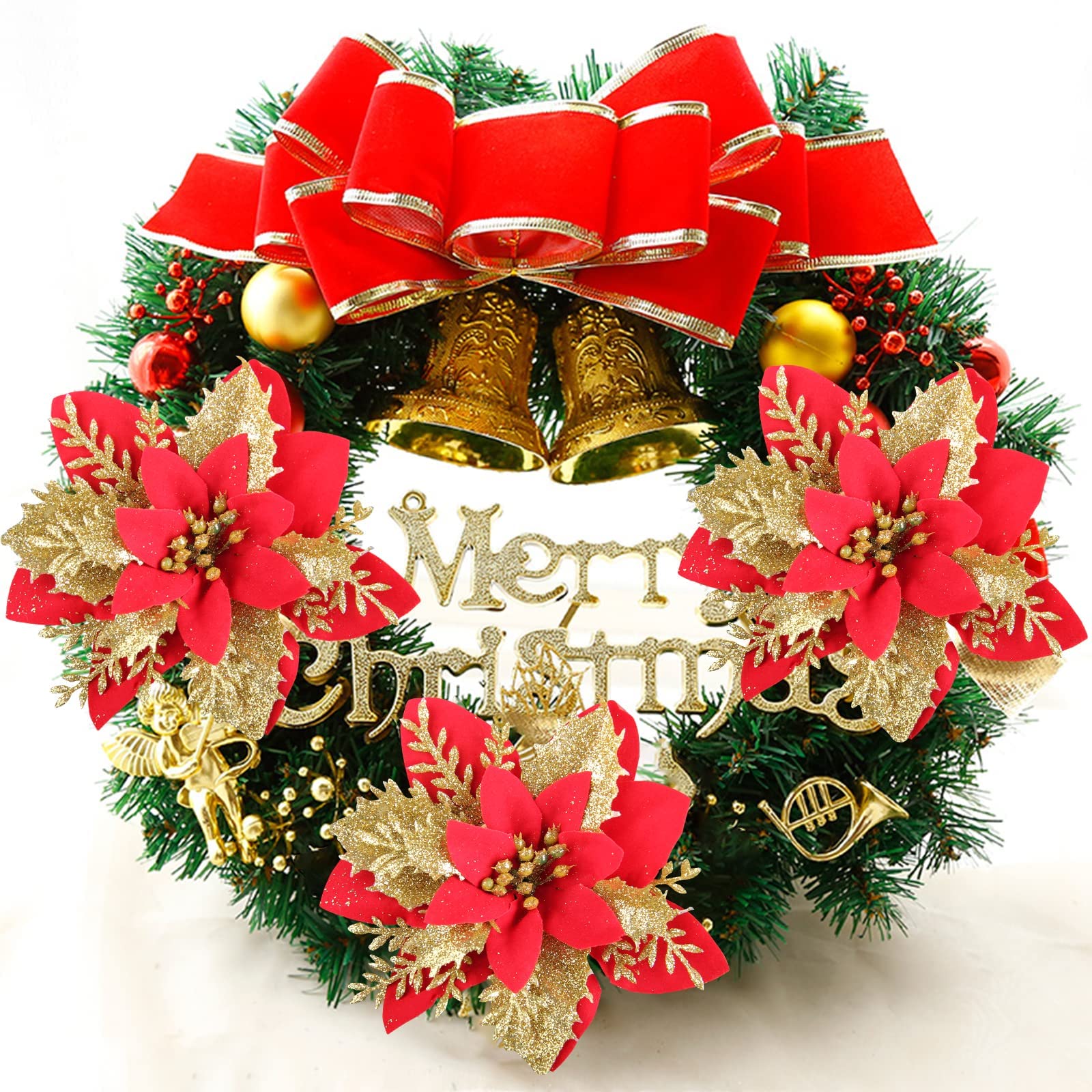 GREENTIME Glitzer-Weihnachtssterne 14 Cm – Künstliche Blumen Mit Clips & Stielen, Dekoration Für Baum & Girlande