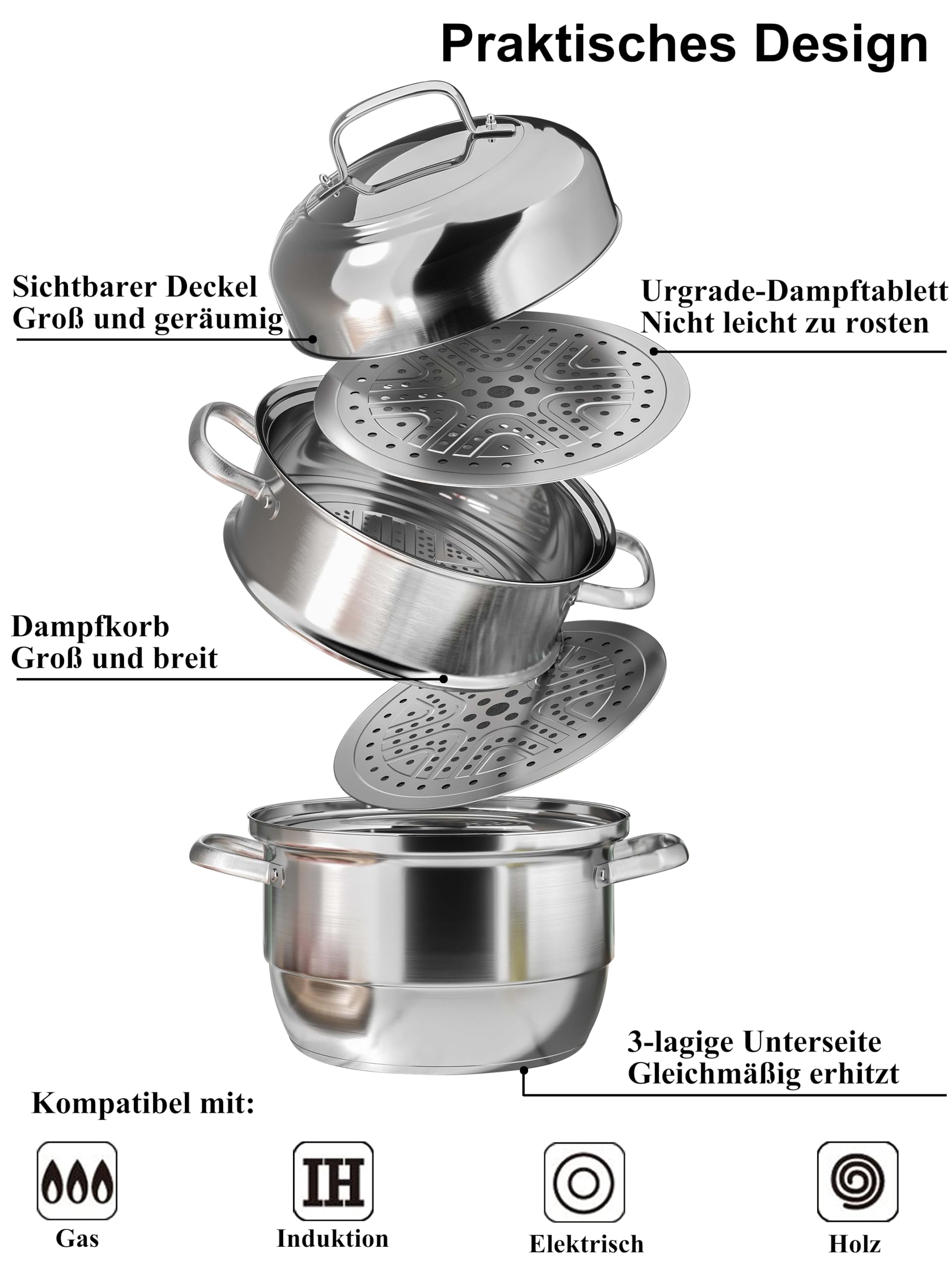 VENTION Dampfgarer Topf Induktion, Kartoffeldämpfer 28 cm, Dampfgarer Kochtopf Edelstahl 3 Etagen, Dampfgartopf, Couscous Topf 7,7L