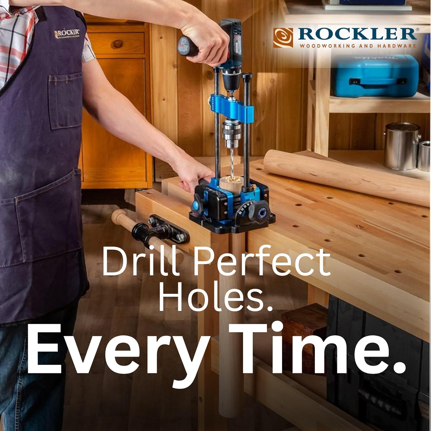 Rockler Drill Guide | Portable Drill Press Adapter for Hand Drill - 0 to 60 Angle w/Protractor & Chuck Key for straight holes - Rockler Woodworking