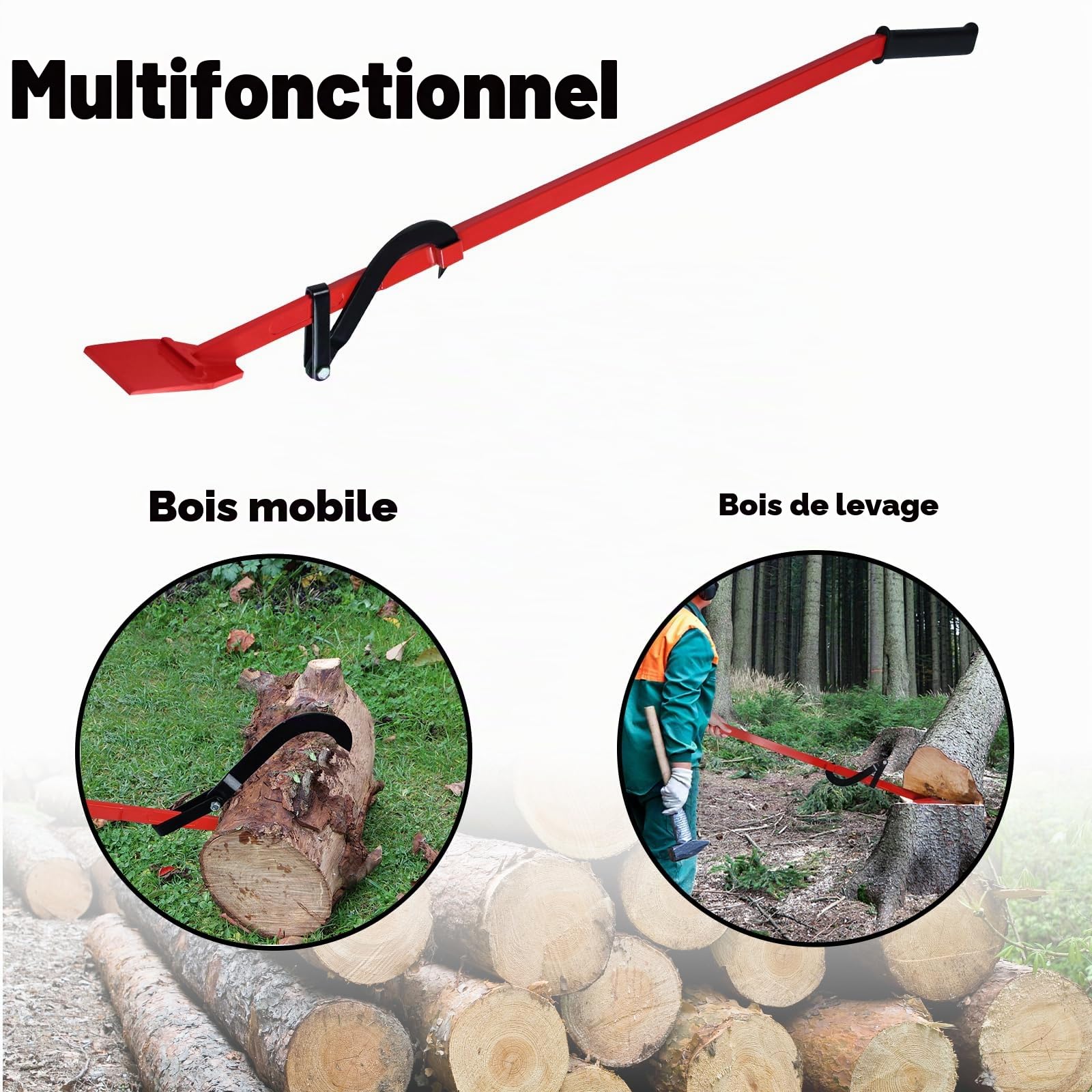 YRHome Levier d'Abattage d'Arbres avec Tourne-Bois, Levier Forgé avec Crochet Courbé pour la Chute des Arbres, Lève-Tronc Robuste avec Crochet de Levage et Poignée pour le travail du bois - 130 cm