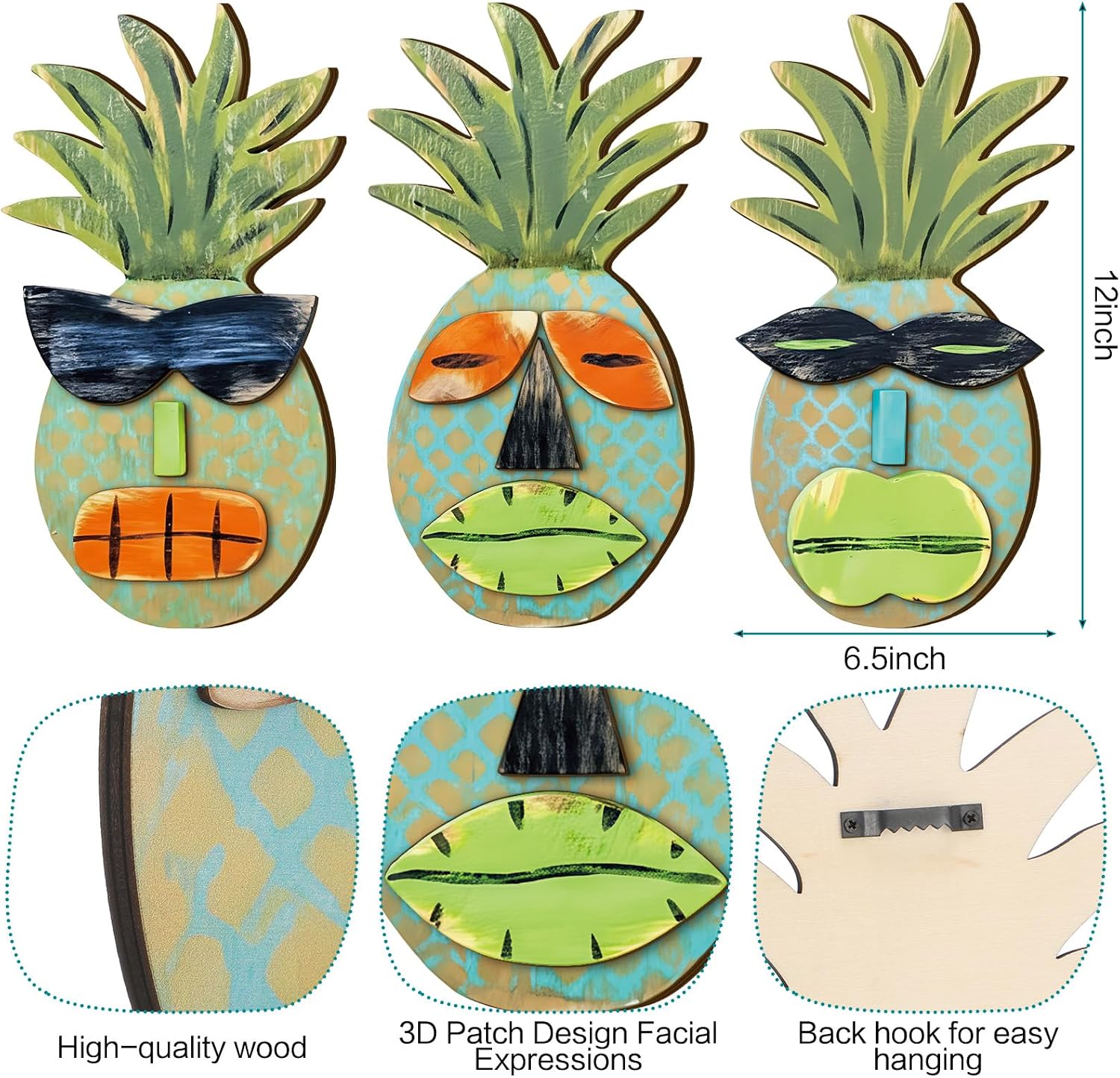 Novabright 3 Pack Tiki Bar Sign Pineapple 3D Tropical Tiki Sign Wall Plaque Patio Garden Yard Decorations Outdoor for Luau Birthday Party Decoration Supplies image 2