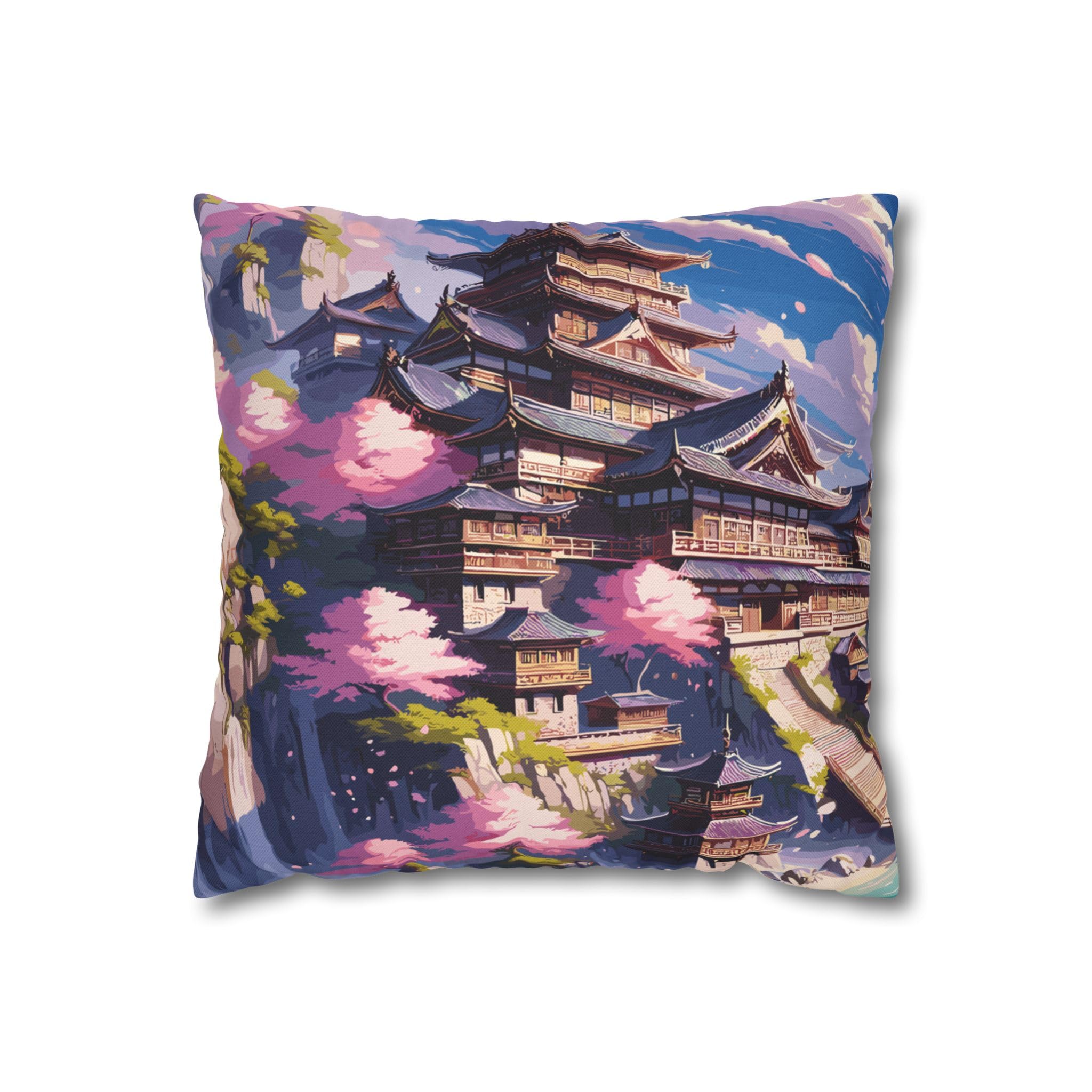 Oreiller anime kawaii château japonais et fleurs de cerisier pastel pour lit