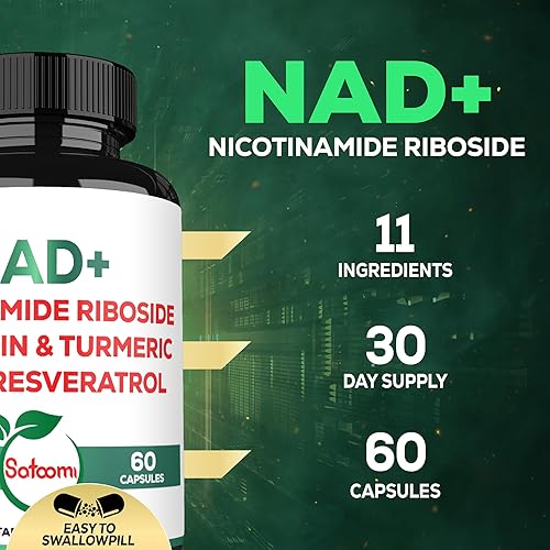 Miniatura 3 de Satoomi Suplemento NAD para mujeres - NAD nicotinamida ribósido resveratrol 900 mg, quercetina, cúrcuma, astrágalo, ginseng, vitamina D3, vitamina C