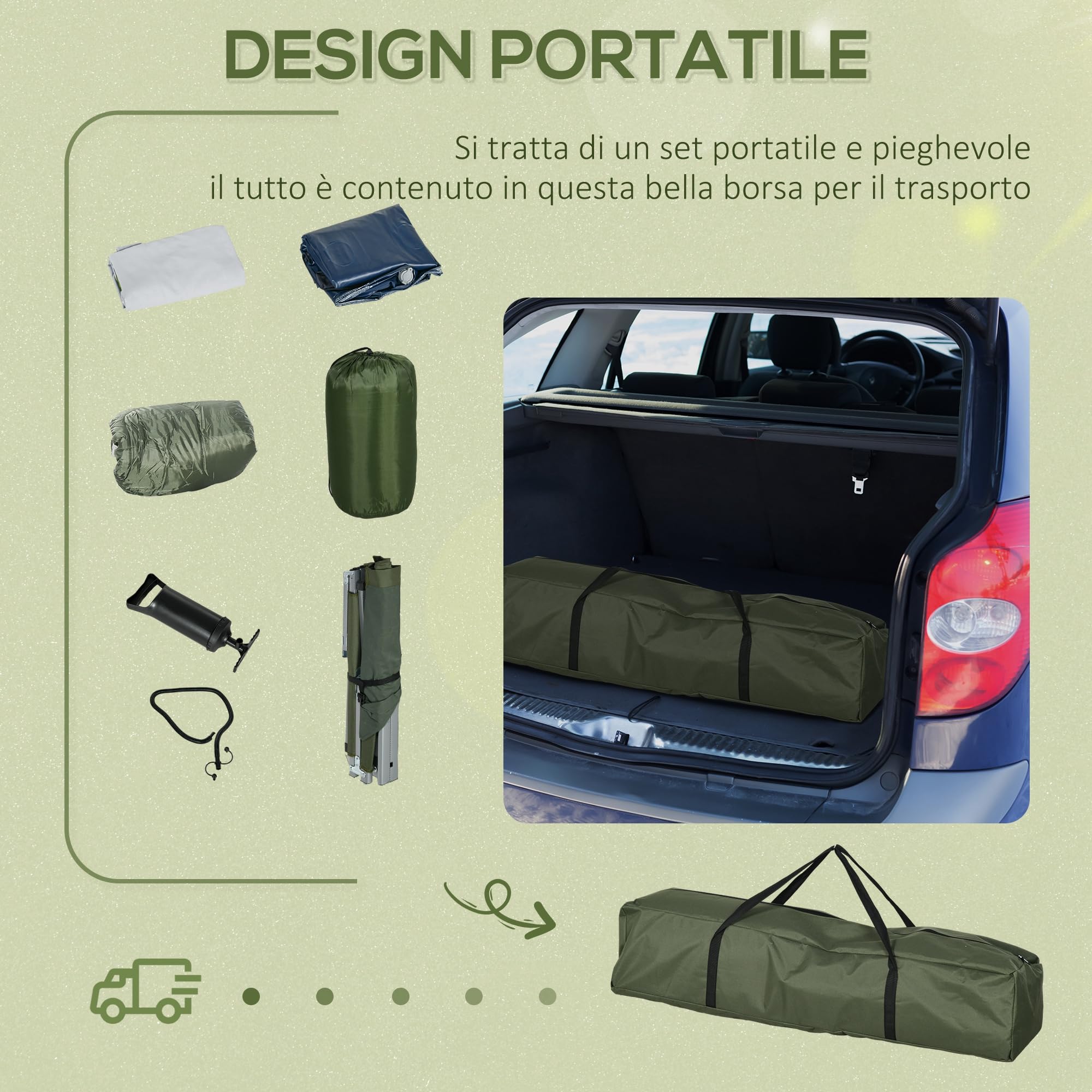 Outsunny Set Brandina da Campeggio con Materasso Gonfiabile, Lettino da Campeggio Pieghevole con Cuscino, Sacco Letto e Pompa, Sacca di Trasporto Inclusa, Verde