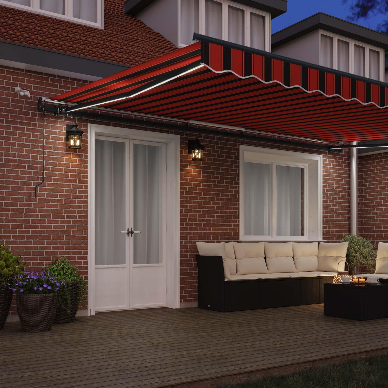 Toldo articulado de 500 x 350 cm con mando a distancia y sensor de viento, toldo retráctil de poliéster para terraza y jardín, protección solar, tela de toldo, color naranja y marrón