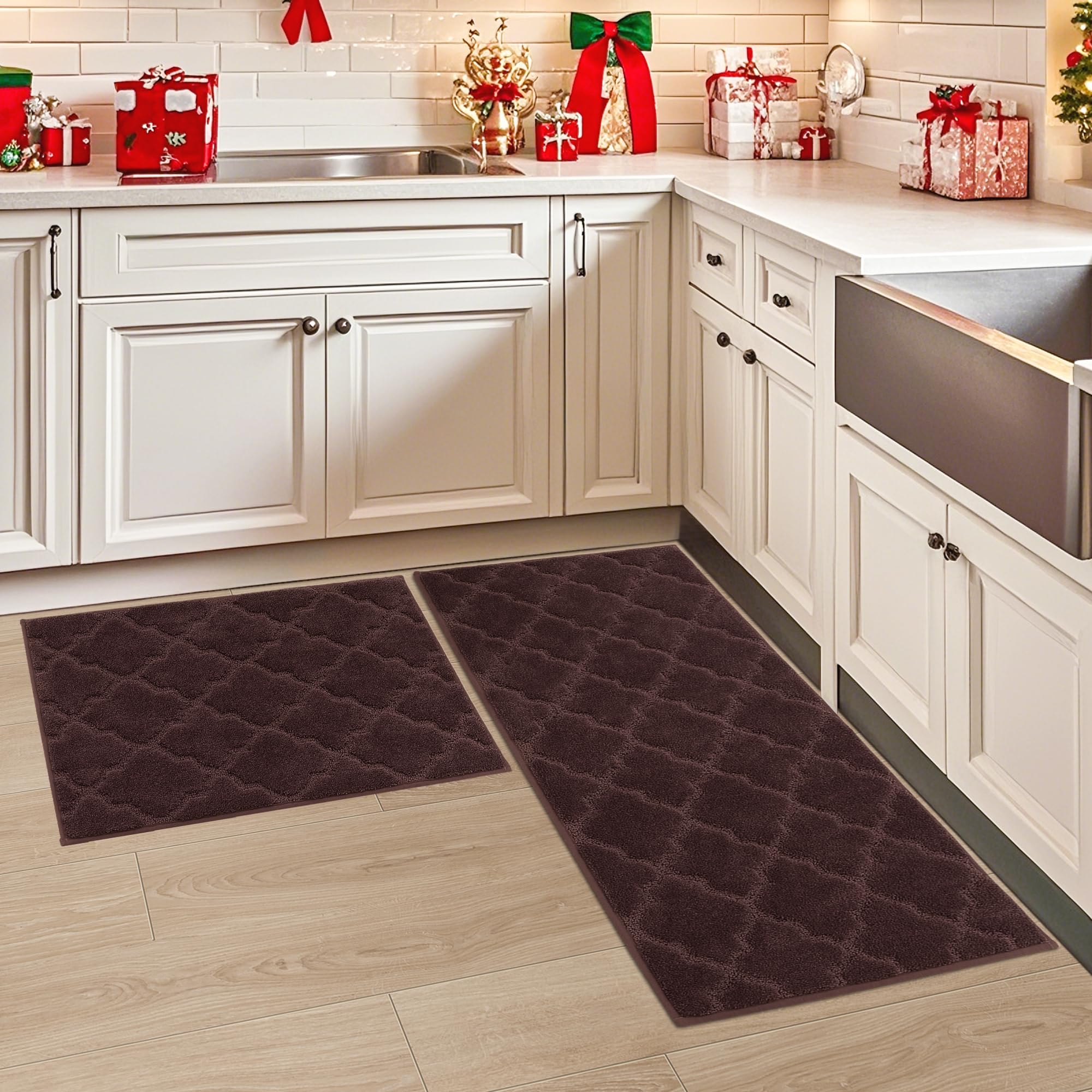 COSY HOMEER Alfombra de Cocina Antideslizante Lavable, Set de 2 Unidades (51 x 76 cm + 51 x 122 cm), Alfombra para Pasillo y Cocina, Ideal para Sala de Estar, Marrón