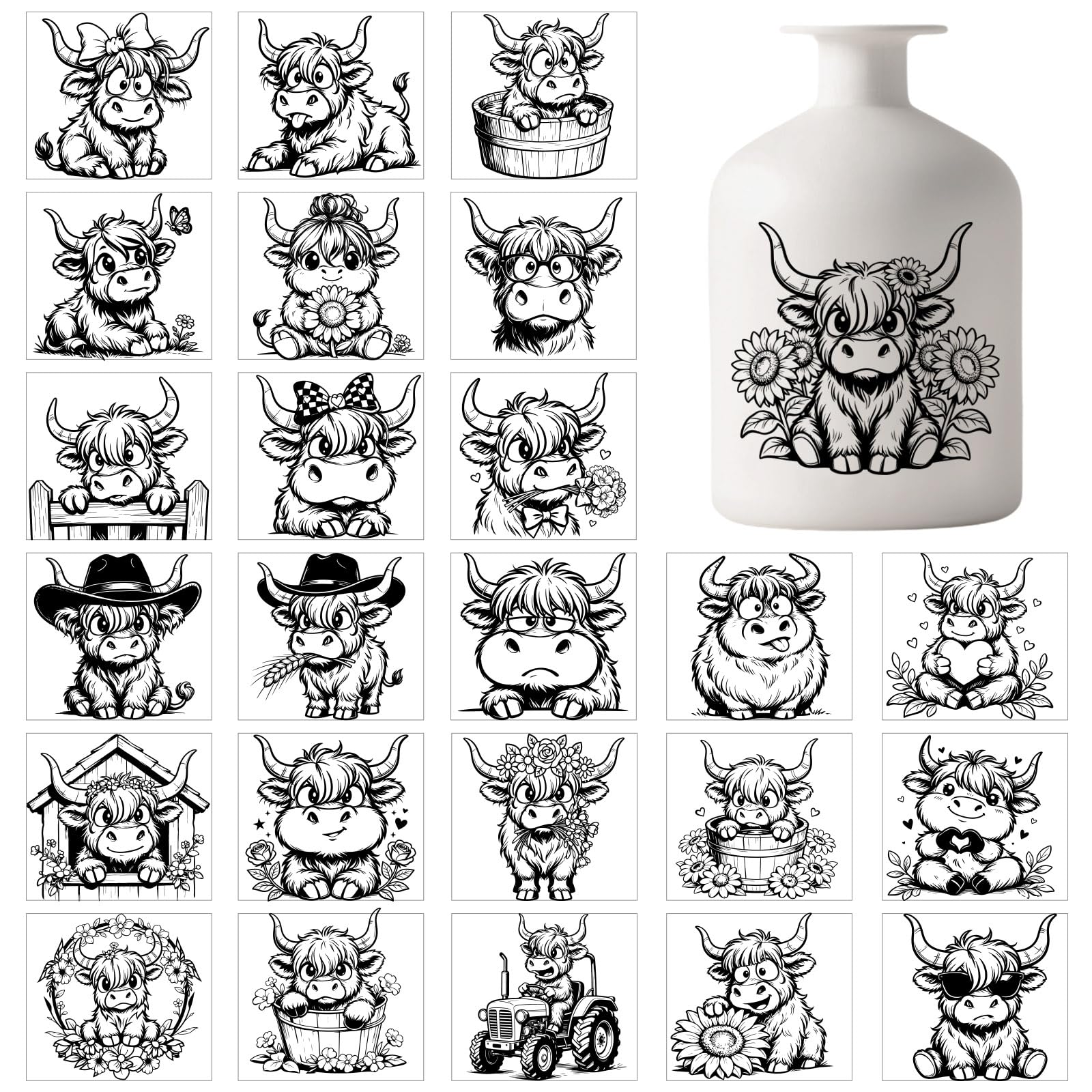 GLOBLELAND 25 Sheets Cute Highland Cow Lantern Stickers for Jar Black White Cattle Sticker Decals Cartoon Animals Adhesive Lantern Stickers Decals for Crafting Vase Windows Door Office