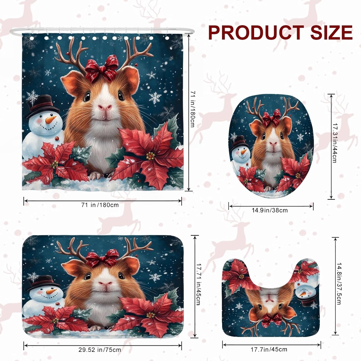 4PCS Winter Christmas Guinea Pig Bathroom Sets with Non-Slip Rug, U Shape Toilet Lid Cover Mat, Snowman Xmas Animal Pet Bathroom Decoration 72''x72''