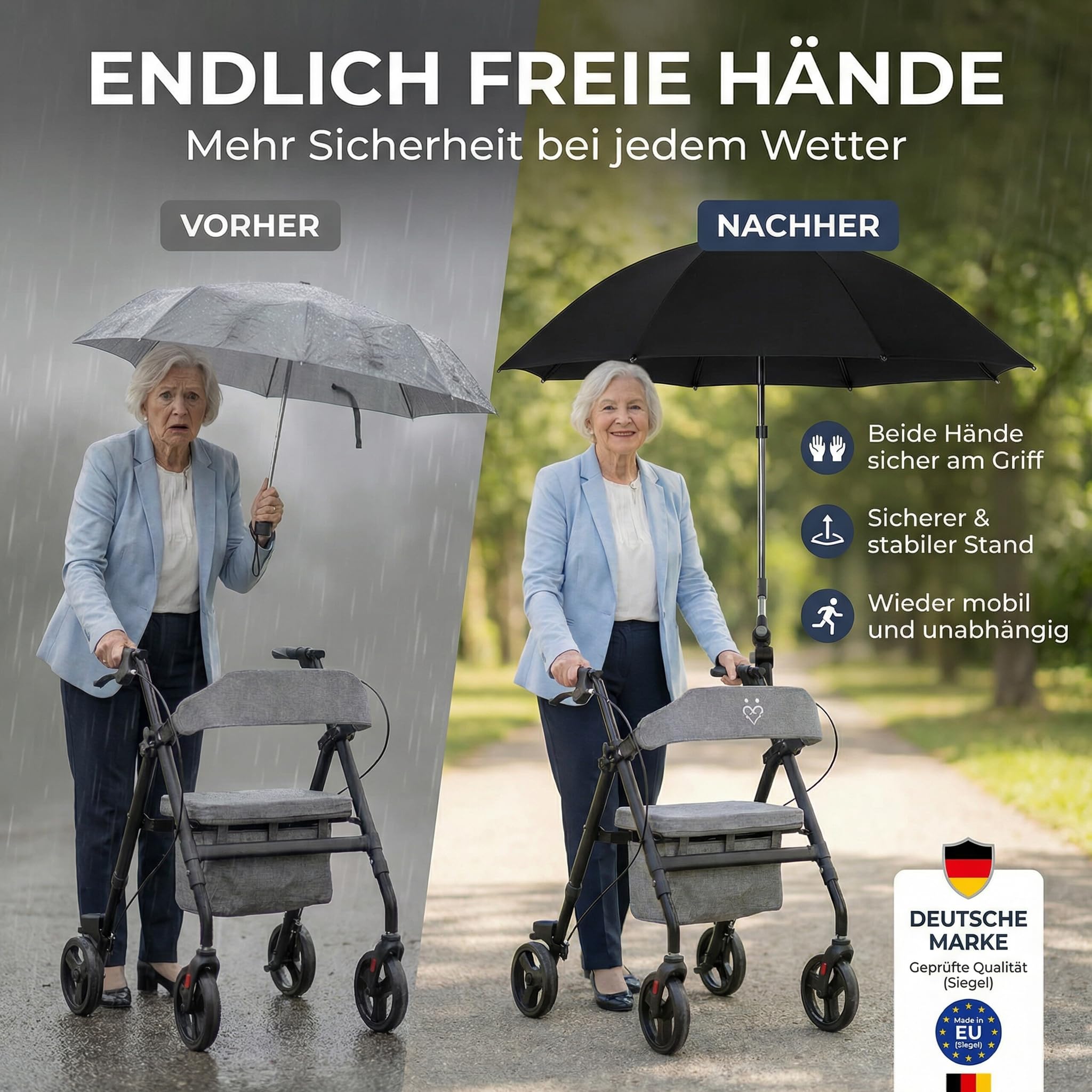 Regenschirm für Rollator und Kinderwagen mit Halterung, höhenverstellbarer Rollator Schirm - Praktische Rollator Schirmhalterung