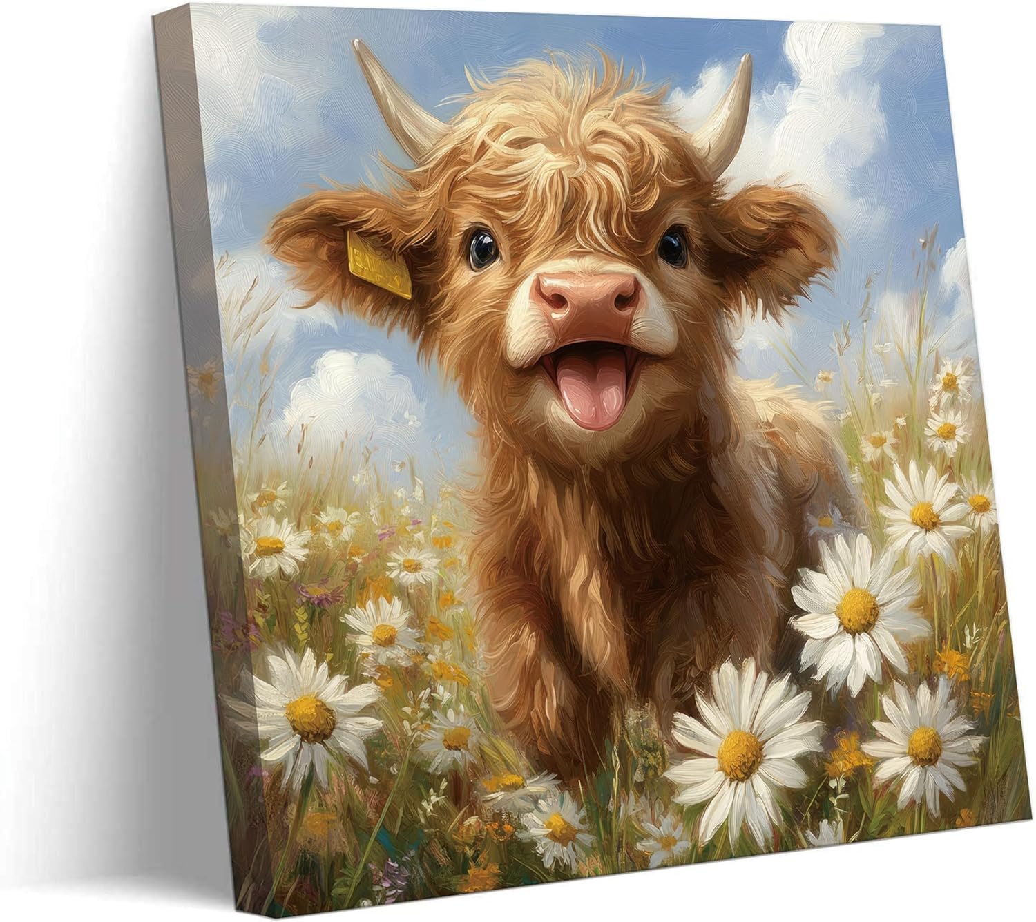 Highland Cow Baby Daisies Canvas Wall Art Cute Little Highland Cow Wall Decor Picture Fascinating Animals Poster Print for Bedroom Children's Room Nursery Artwork Home Decoration 20x20in