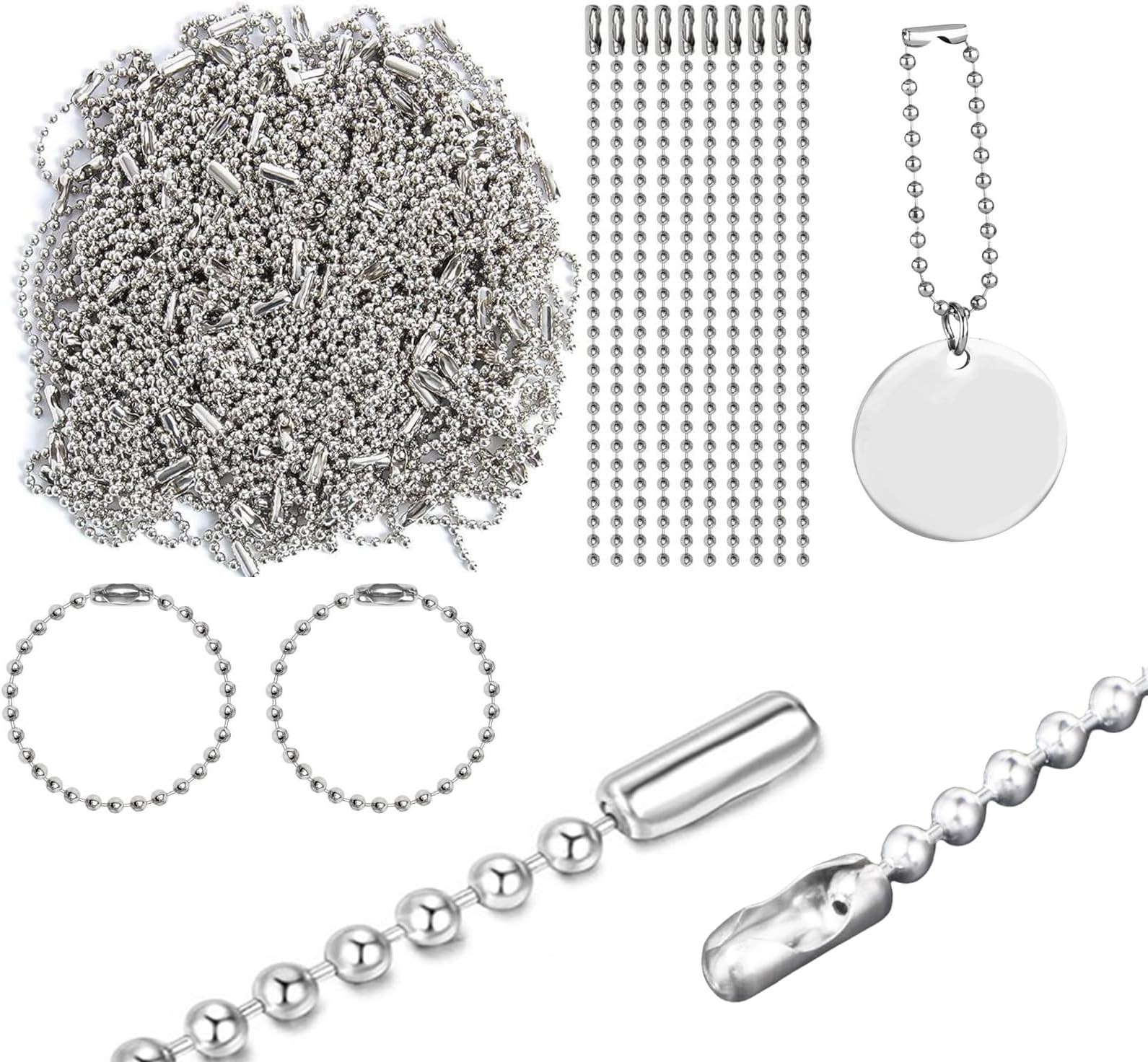 100PCS Ball Bead Chain, 4 Inch Bead Chain Beads 2.4mm Diameter with Necklace Bulk Ball Connector Clasp Extension Keychain Tag Key Rings Dog Tag Chains for Jewelry Making DIY Crafts -Silve