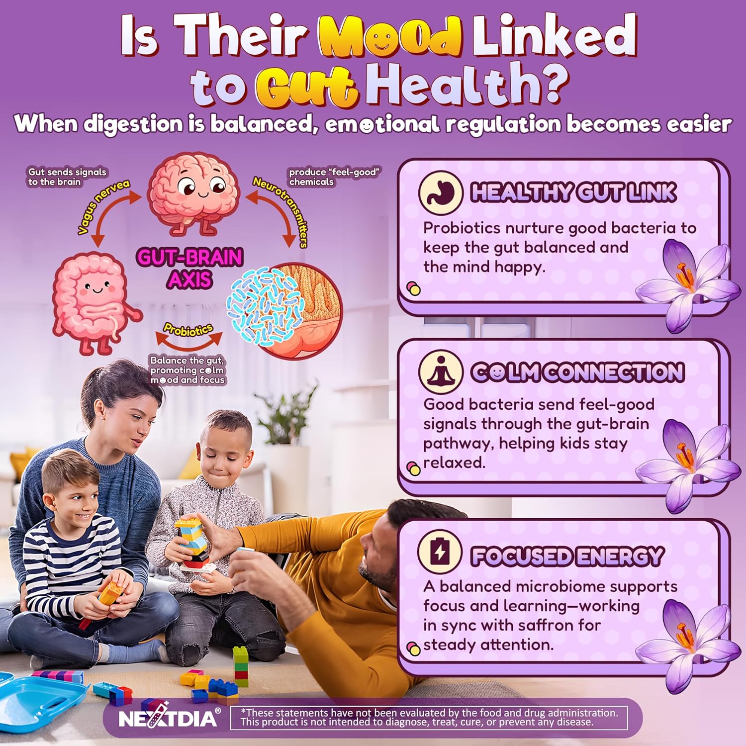 Happy Saffron Gummies for Kids Teen, Organic Saffron + Magnesium Glycinate Supplement with Probiotics, L-Theanine, Chamomile, D3, B6, B12 for Children's Focus & Mood, Calm, Sleep, Sugar Free, 120 Cts - Image 5