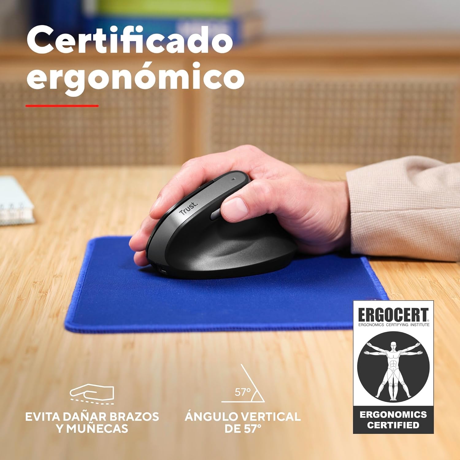 Trust Yuno Ratón Vertical Inalámbrico, Ratón Ergonómico Recargable 2.4GHz, Reducir la Tensión en Brazos y Muñecas, 800-2400 dpi, 70% Plástico Reciclado, PC Portátil Mac – Negro 4