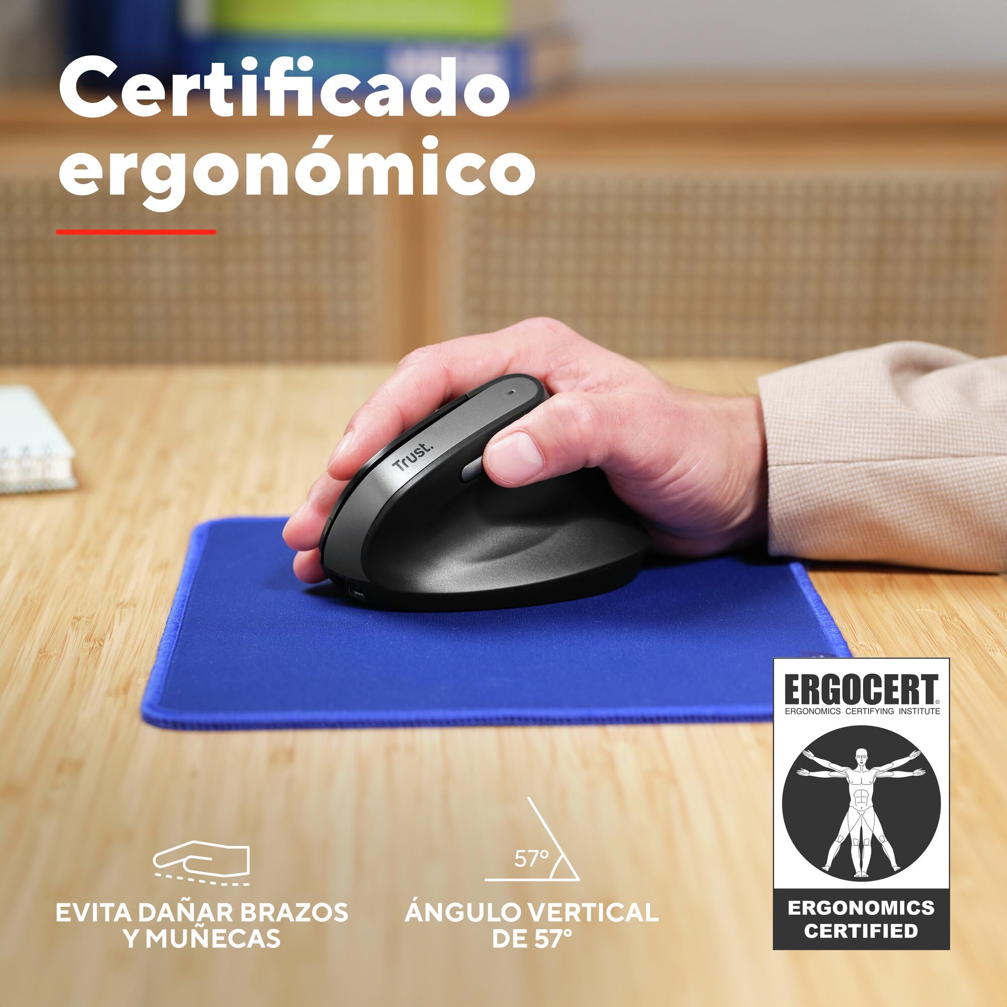 Trust Yuno Ratón Vertical Inalámbrico, Ratón Ergonómico Recargable 2.4GHz, Reducir la Tensión en Brazos y Muñecas, 800-2400 dpi, 70% Plástico Reciclado, PC Portátil Mac - Negro