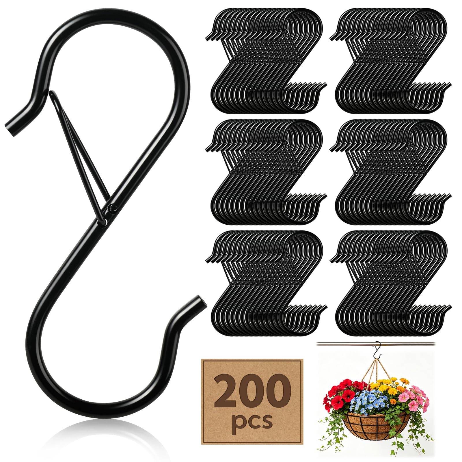 VZZNN S-Haken zum Aufhängen, 8,9 cm, robuster S-Haken aus Metall mit Sicherheitsschnalle und Stopper, rutschfest, geeignet für 1,3 cm Stangen, S-Haken zum Aufhängen von Pflanzen, Küchenutensilien